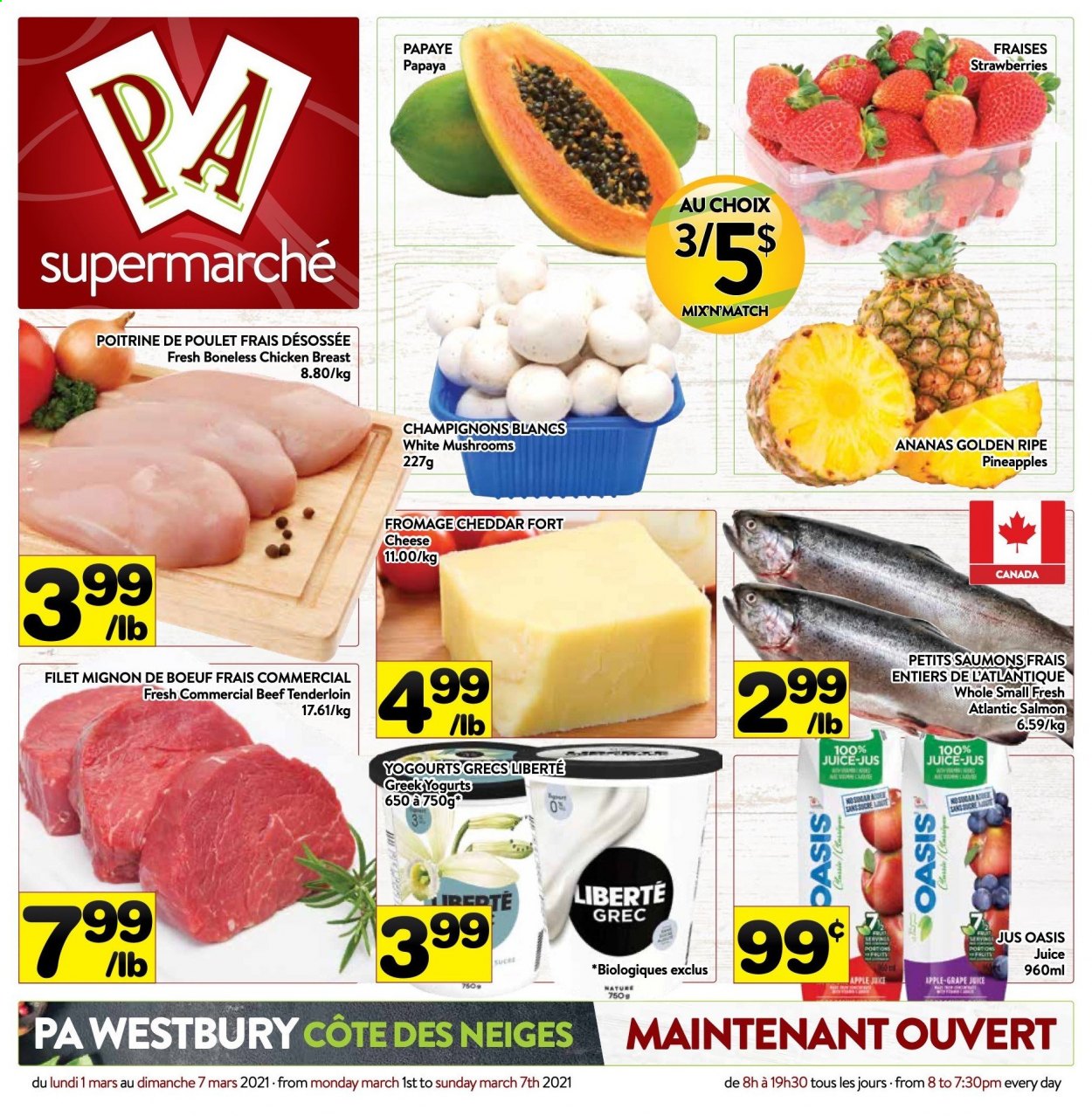 thumbnail - Circulaire PA Supermarché - 01 Mars 2021 - 07 Mars 2021 - Produits soldés - ananas, fraises, fromage, Oasis, jus, filet mignon, sucre. Page 1.