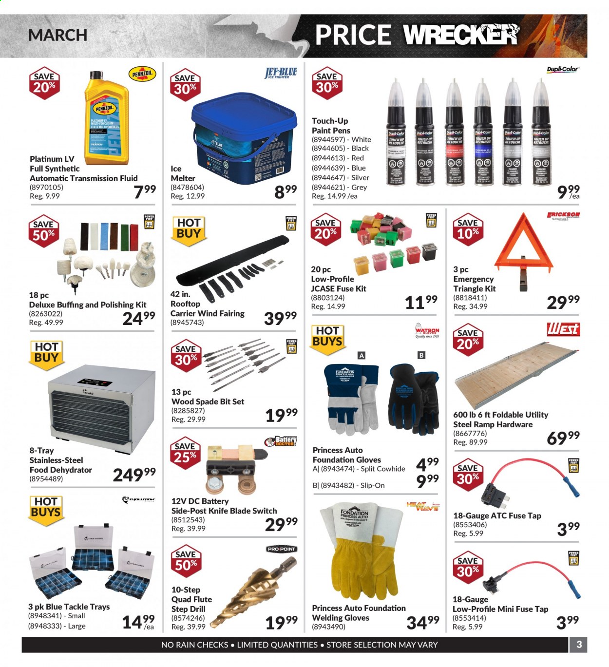 thumbnail - Princess Auto Flyer - March 01, 2021 - March 31, 2021 - Sales products - drill, gloves, welding gloves, ice melter, transmission fluid, knife, switch. Page 3.