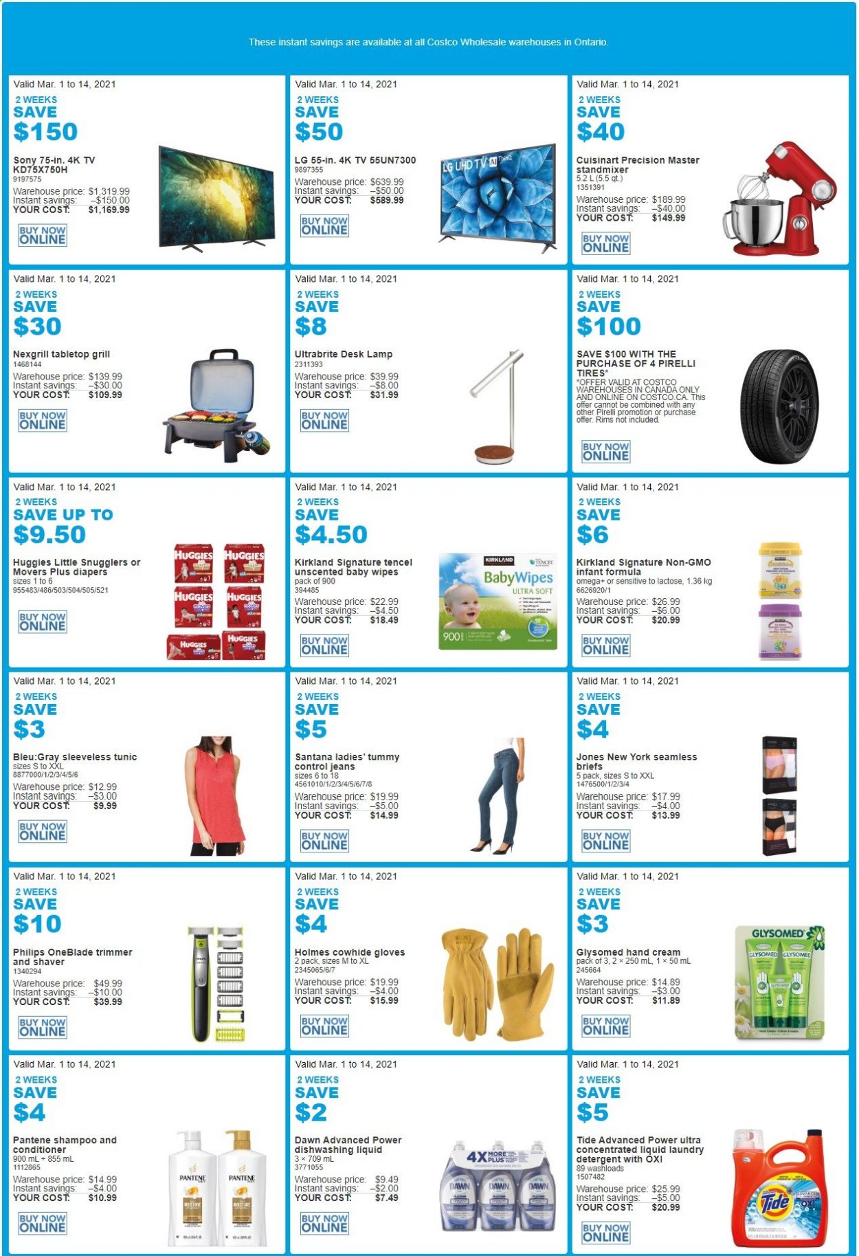thumbnail - Costco Flyer - March 01, 2021 - March 14, 2021 - Sales products - wipes, baby wipes, nappies, Tide, laundry detergent, dishwashing liquid, conditioner, hand cream, shaver, trimmer, gloves, Cuisinart, UHD TV, TV, briefs, lamp, work gloves, grill, tires, LG, shampoo, Sony, Huggies, Pantene. Page 1.