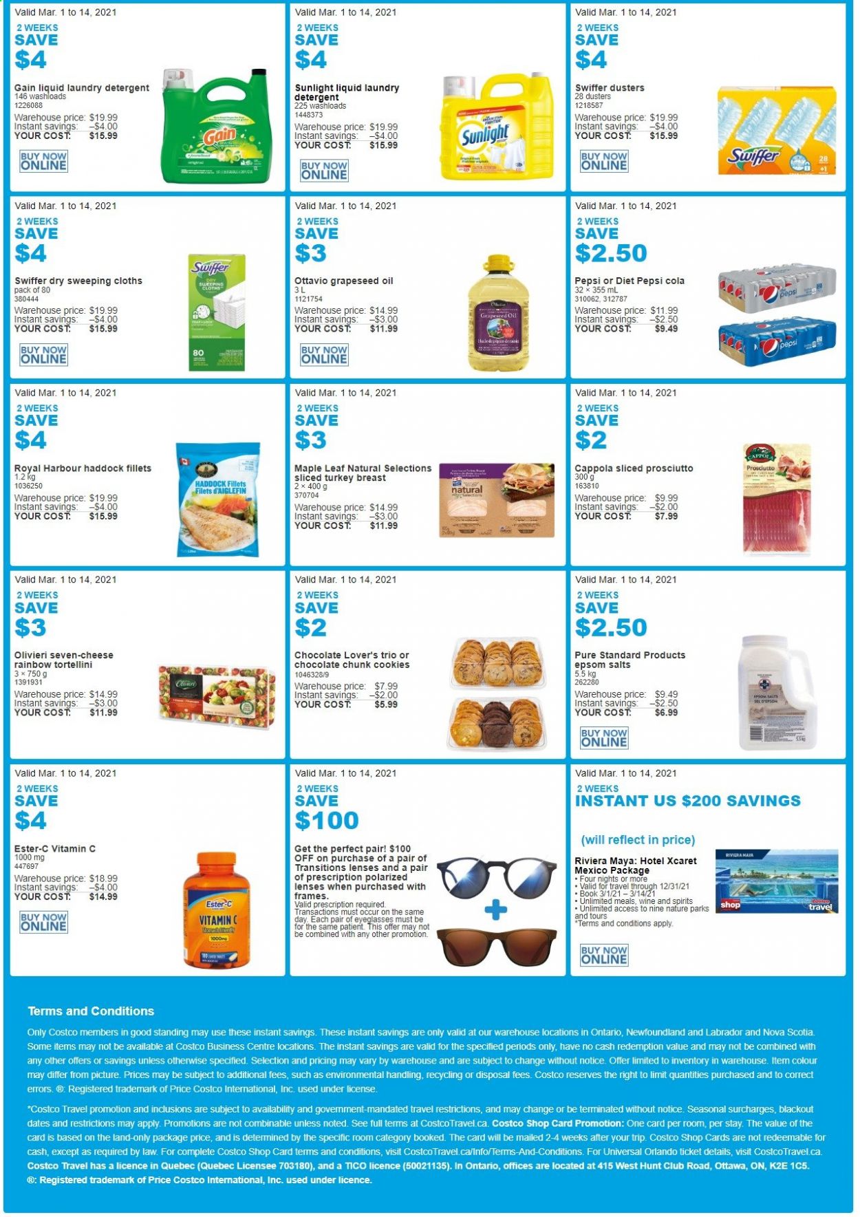 thumbnail - Costco Flyer - March 01, 2021 - March 14, 2021 - Sales products - haddock, tortellini, sliced turkey, prosciutto, cheese, cookies, chocolate, oil, grape seed oil, Pepsi, Diet Pepsi, turkey breast, turkey, Gain, Swiffer, laundry detergent, Sunlight, book, lenses, Epson, eye glasses, blackout, Ester-c, vitamin c. Page 2.