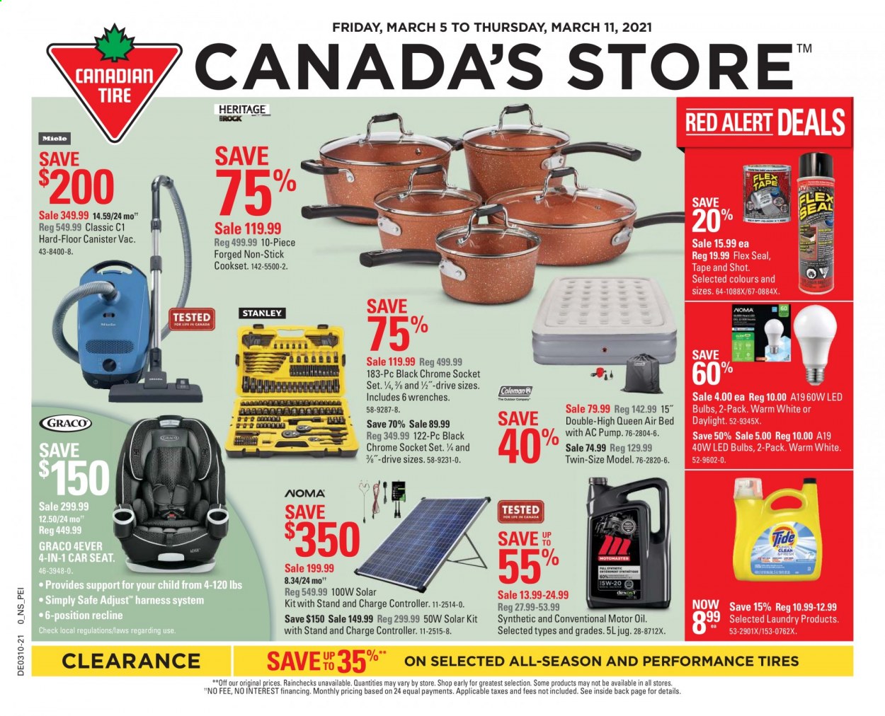 thumbnail - Canadian Tire Flyer - March 05, 2021 - March 11, 2021 - Sales products - canister, bulb, LED bulb, bed, baby car seat, socket, socket set, pump, motor oil, tires. Page 1.
