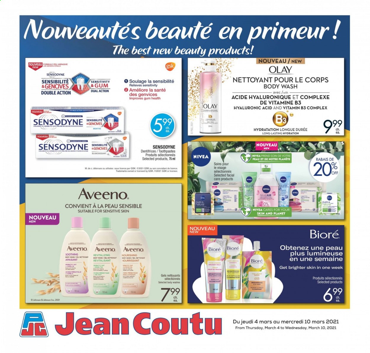 thumbnail - Circulaire Jean Coutu - 04 Mars 2021 - 10 Mars 2021 - Produits soldés - menthe, masque, dentifrice, papaye, lingettes, Nivea, Sensodyne. Page 1.