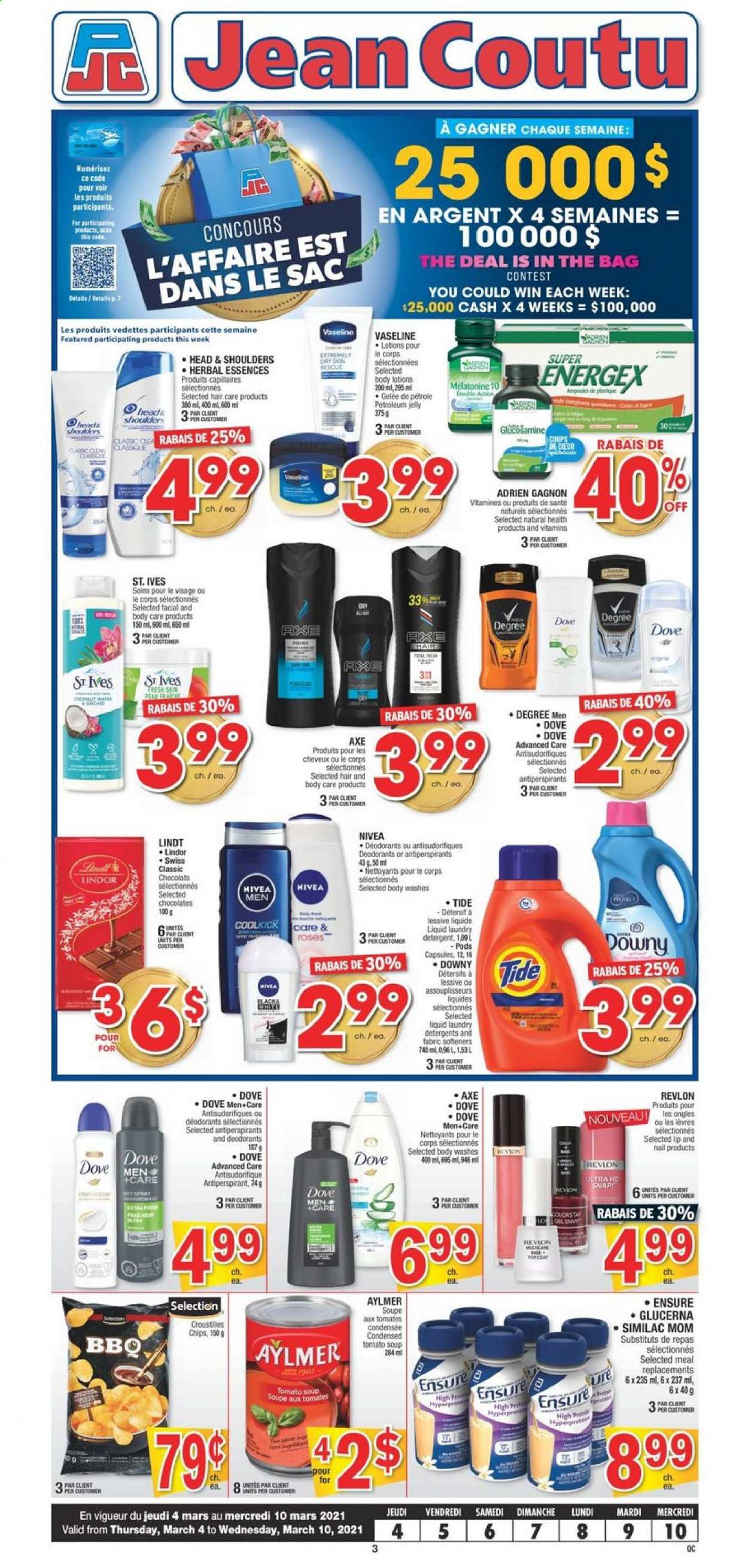 thumbnail - Jean Coutu Flyer - March 04, 2021 - March 10, 2021 - Sales products - chocolate, Mars, soup, coconut water, petroleum jelly, Tide, laundry detergent, Vaseline, Revlon, Herbal Essences, anti-perspirant, glucosamine, Glucerna, Head & Shoulders, Nivea, chips, deodorant. Page 1.