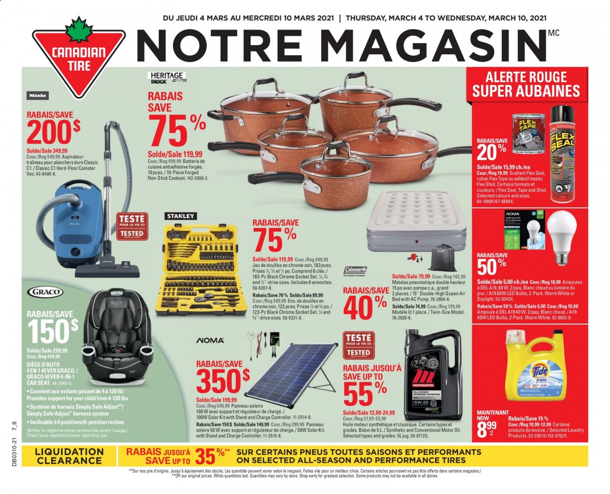 thumbnail - Canadian Tire Flyer - March 04, 2021 - March 10, 2021 - Sales products - canister, bulb, LED bulb, bed, baby car seat, socket, socket set, pump, motor oil, tires. Page 1.