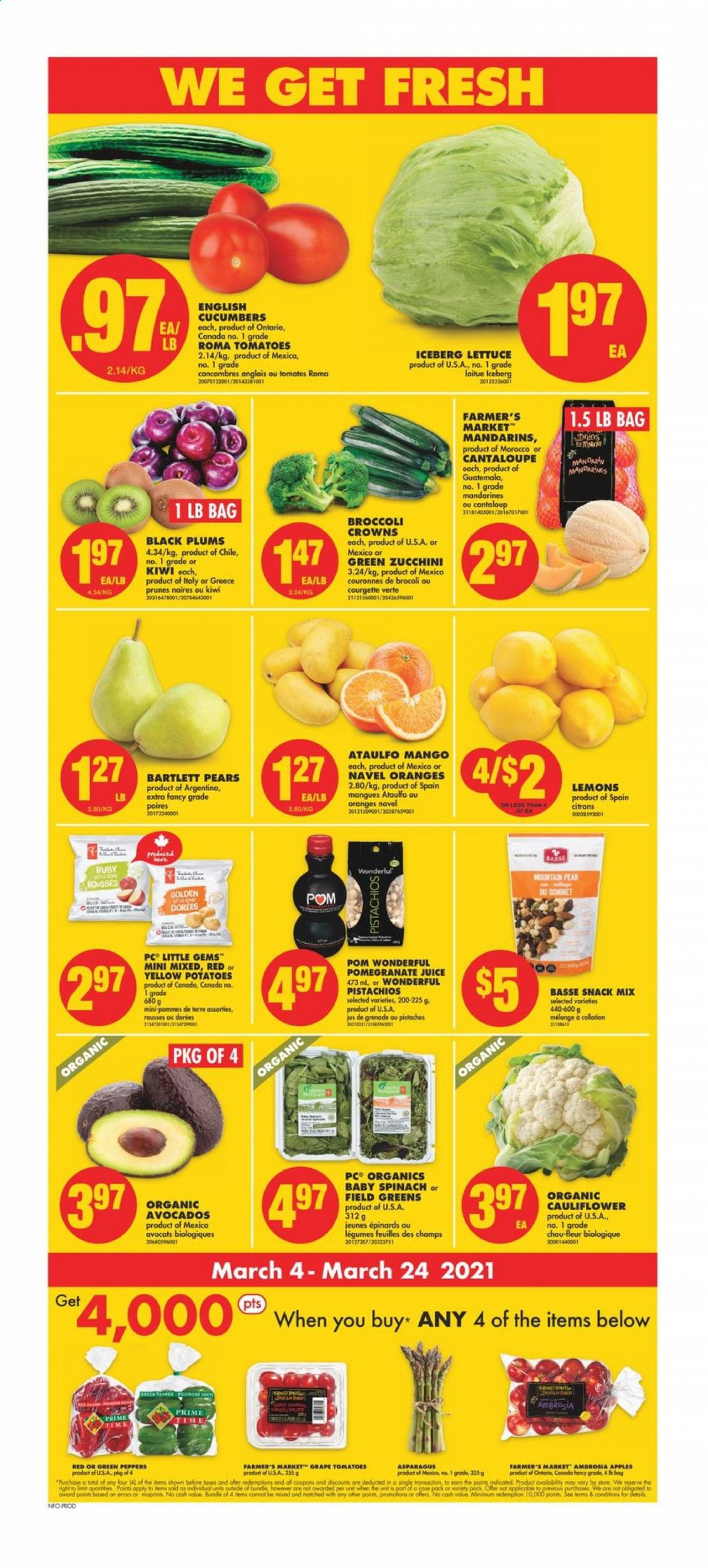 thumbnail - No Frills Flyer - March 04, 2021 - March 10, 2021 - Sales products - asparagus, cauliflower, cucumber, tomatoes, zucchini, potatoes, lettuce, peppers, apples, avocado, Bartlett pears, mandarines, plums, pears, pomegranate, lemons, black plums, navel oranges, snack, prunes, dried fruit, pistachios, juice, kiwi. Page 3.