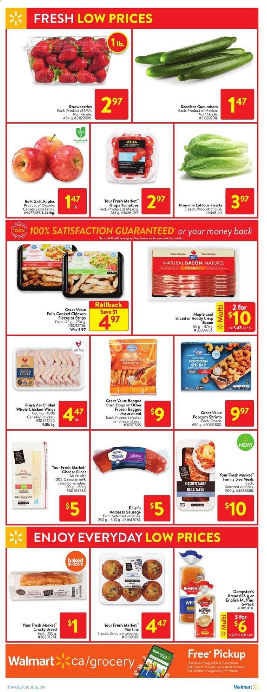 thumbnail - Walmart Flyer - March 04, 2021 - March 10, 2021 - Sales products - bread, english muffins, cucumber, tomatoes, lettuce, apples, Gala, strawberries, shrimps, bacon, sausage, sliced cheese, cheese, milk, chicken wings, strips, whole chicken, chicken, table, kitchen table. Page 3.