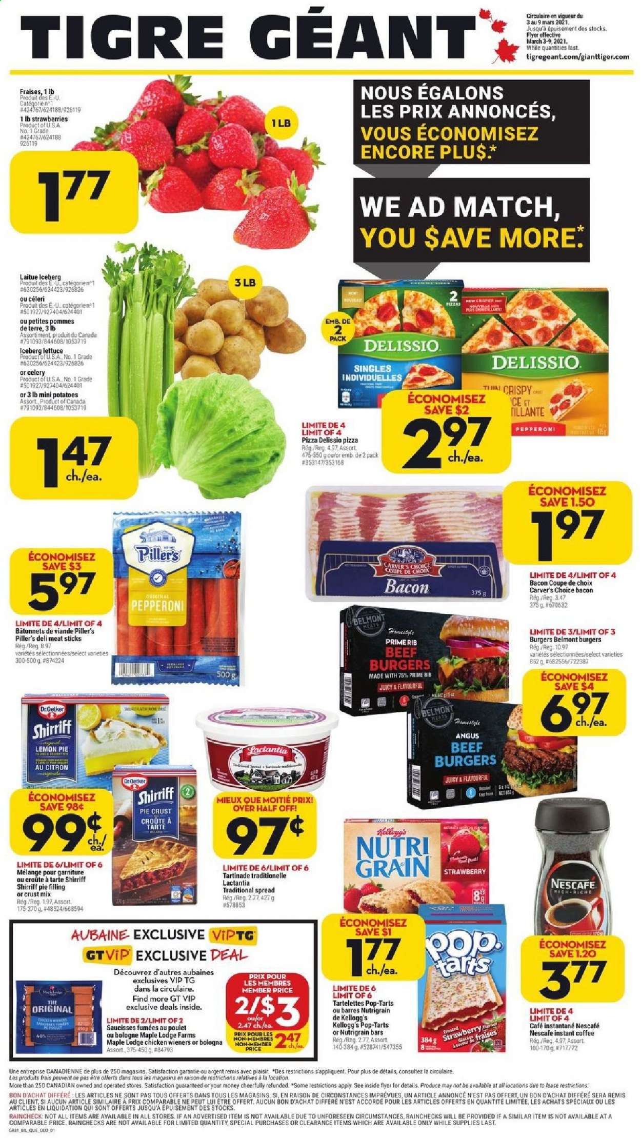 thumbnail - Giant Tiger Flyer - March 03, 2021 - March 09, 2021 - Sales products - potatoes, lettuce, strawberries, pizza, hamburger, beef burger, bacon, bologna sausage, pepperoni, Mars, Kellogg's, Pop-Tarts, pie crust, pie filling, Nutri-Grain, instant coffee, beef meat, Nescafé. Page 1.
