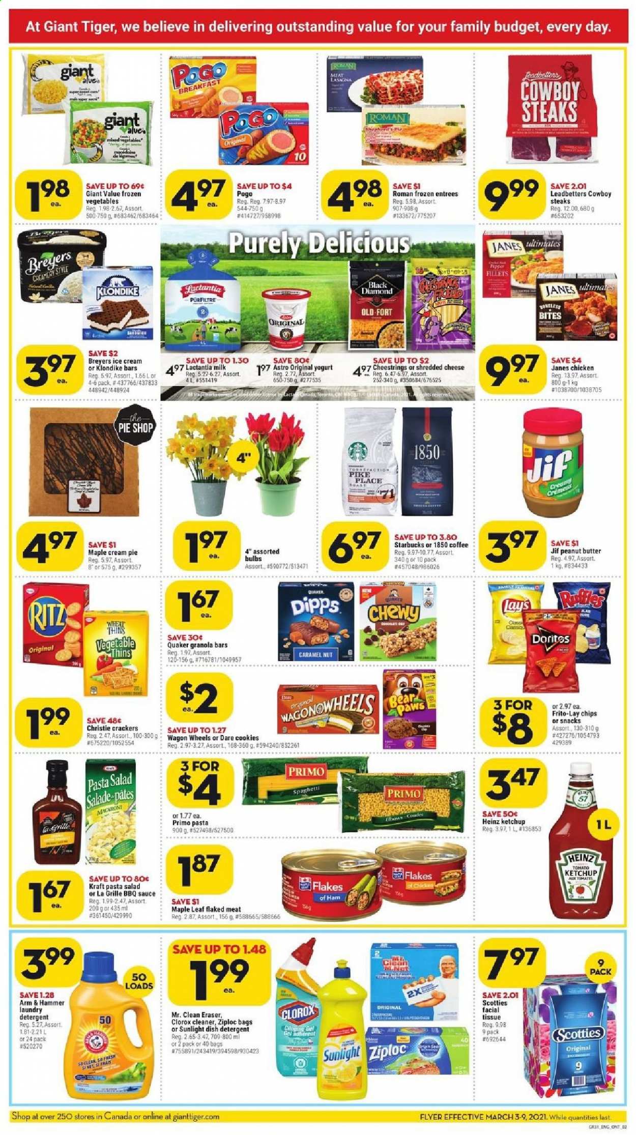 thumbnail - Giant Tiger Flyer - March 03, 2021 - March 09, 2021 - Sales products - pie, cream pie, spaghetti, macaroni, pasta, sauce, Quaker, lasagna meal, Kraft®, ham, pasta salad, shredded cheese, string cheese, milk, ice cream, frozen vegetables, mixed vegetables, cookies, crackers, RITZ, Lay’s, Thins, Frito-Lay, ARM & HAMMER, Heinz, granola bar, BBQ sauce, caramel, peanut butter, Jif, coffee, L'Or, Starbucks, tissues, cleaner, Clorox, laundry detergent, Sunlight, bag, Ziploc, eraser, Paws, wagon, steak. Page 2.