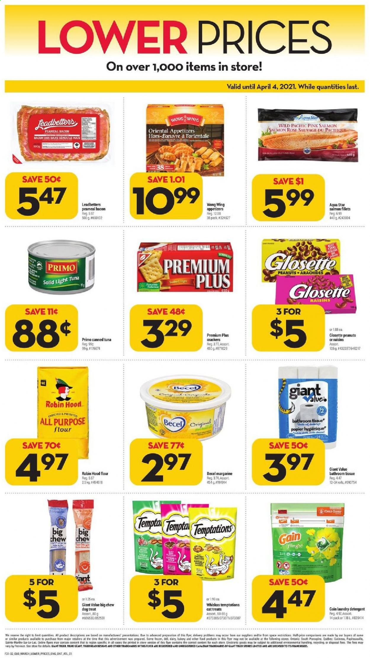 thumbnail - Giant Tiger Flyer - March 03, 2021 - March 09, 2021 - Sales products - salmon, salmon fillet, tuna, bacon, margarine, crackers, all purpose flour, flour, canned tuna, light tuna, peanuts, wine, rosé wine, bath tissue, Gain, laundry detergent, tops, rose. Page 3.