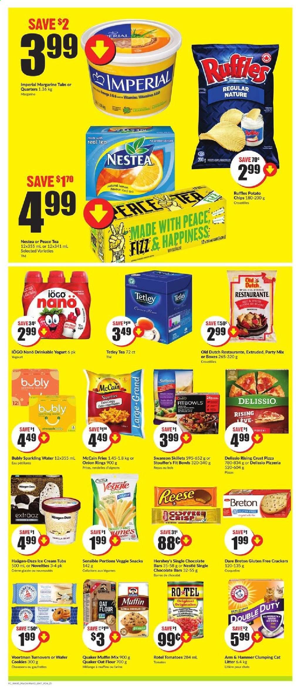 thumbnail - FreshCo. Flyer - March 04, 2021 - March 10, 2021 - Sales products - turnovers, muffin mix, pizza, onion rings, Quaker, yoghurt, margarine, Hershey's, Häagen-Dazs, Stouffer's, McCain, potato fries, cookies, wafers, snack, crackers, chocolate bar, potato chips, Ruffles, ARM & HAMMER, flour, oats, ice tea, sparkling water, Nestlé, chips. Page 4.
