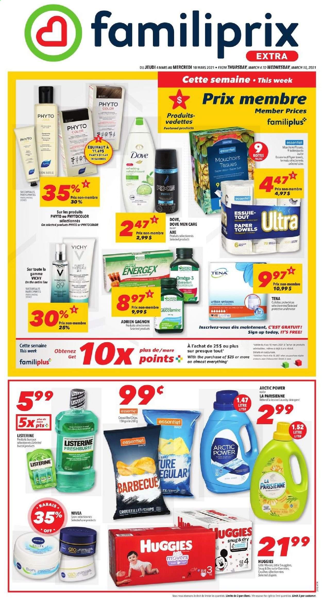 thumbnail - Familiprix Extra Flyer - March 04, 2021 - March 10, 2021 - Sales products - snack, Mars, nappies, tissues, kitchen towels, paper towels, Vichy, glucosamine, Omega-3, Listerine, Huggies, Nivea, chips. Page 1.