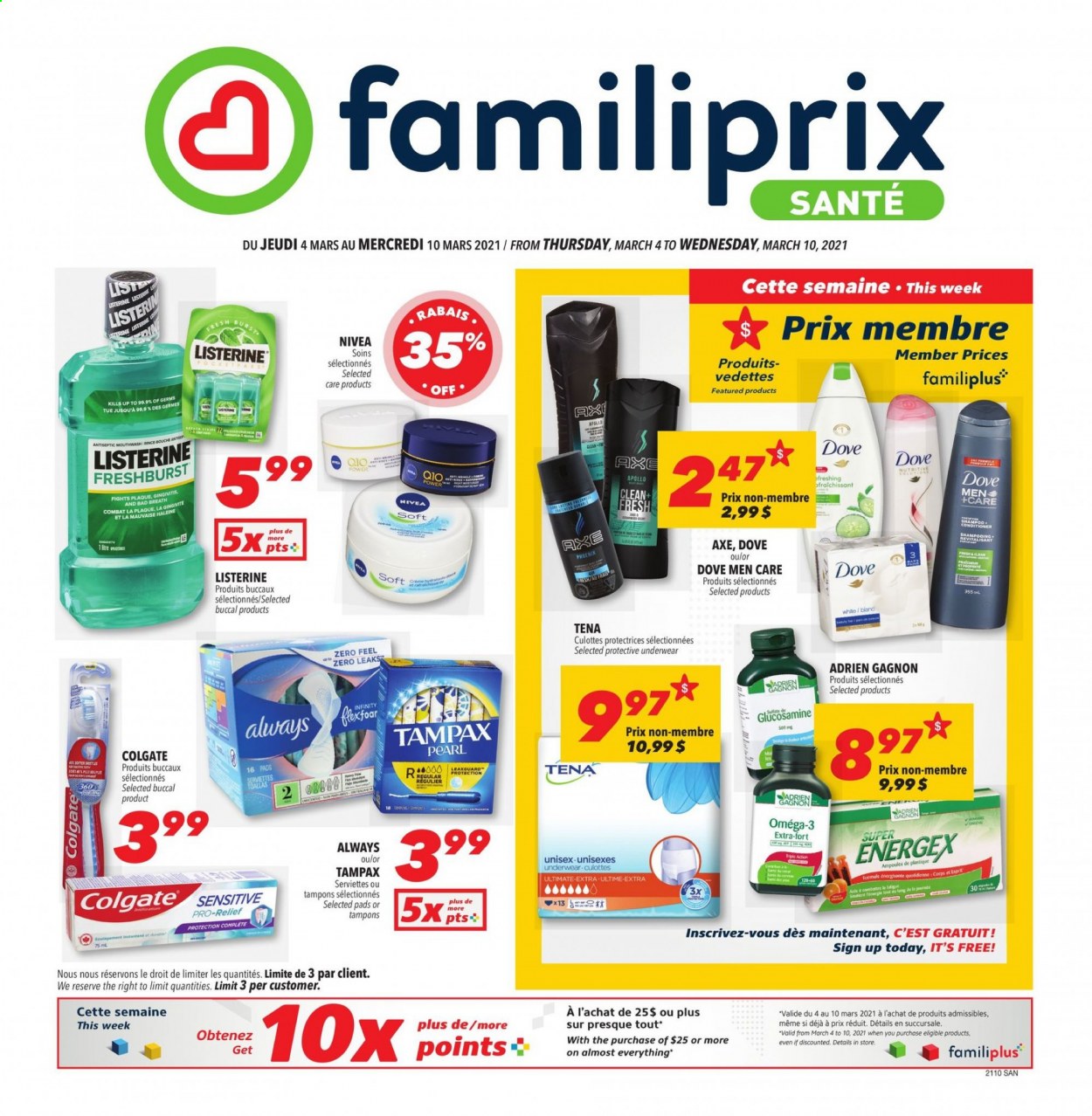 thumbnail - Familiprix Santé Flyer - March 04, 2021 - March 10, 2021 - Sales products - Mars, tampons, Infinity, conditioner, glucosamine, Omega-3, Listerine, shampoo, Tampax, Nivea. Page 1.
