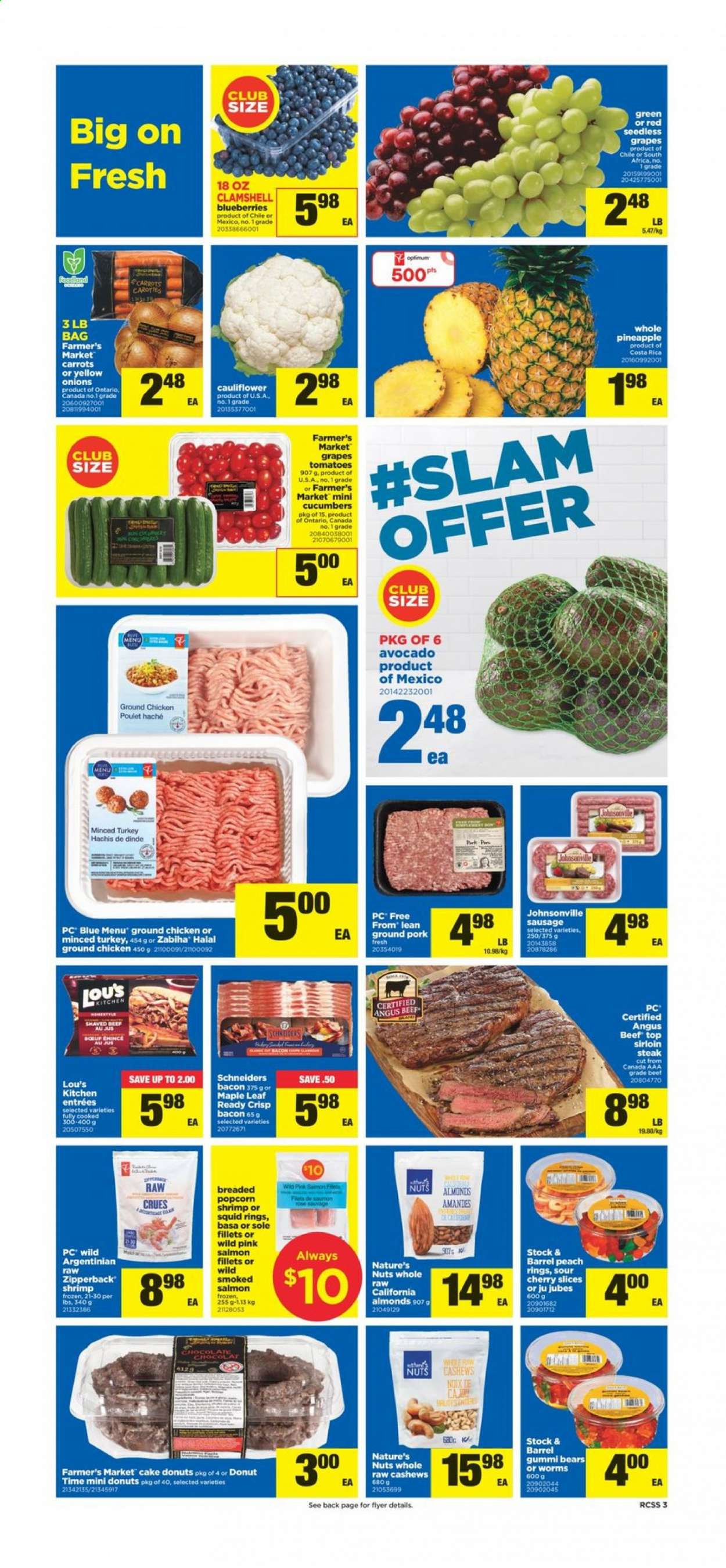 thumbnail - Real Canadian Superstore Flyer - March 04, 2021 - March 10, 2021 - Sales products - cake, donut, carrots, cauliflower, cucumber, tomatoes, onion, avocado, blueberries, grapes, seedless grapes, pineapple, cherries, salmon, salmon fillet, smoked salmon, squid, shrimps, squid rings, bacon, Johnsonville, sausage, chocolate, almonds, cashews, ground chicken, chicken, beef meat, beef sirloin, sirloin steak, ground pork, steak. Page 3.