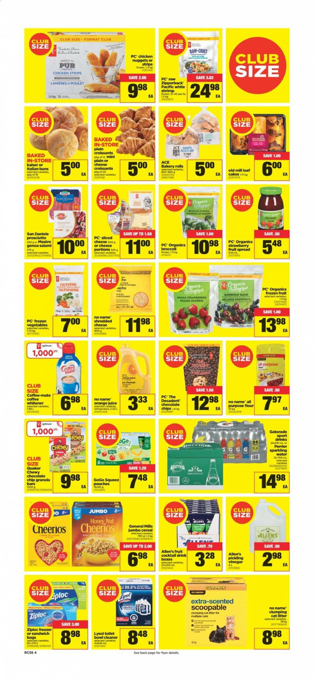 thumbnail - Real Canadian Superstore Flyer - March 04, 2021 - March 10, 2021 - Sales products - cake, croissant, buns, ACE Bakery, broccoli, shrimps, No Name, sandwich, nuggets, chicken nuggets, Quaker, salami, prosciutto, shredded cheese, sliced cheese, Coffee-Mate, frozen vegetables, strips, chicken strips, all purpose flour, flour, cereals, Cheerios, granola bar, orange juice, juice, Perrier, Gatorade, cleaner, Lysol, Ziploc, cat litter, Optimum. Page 4.