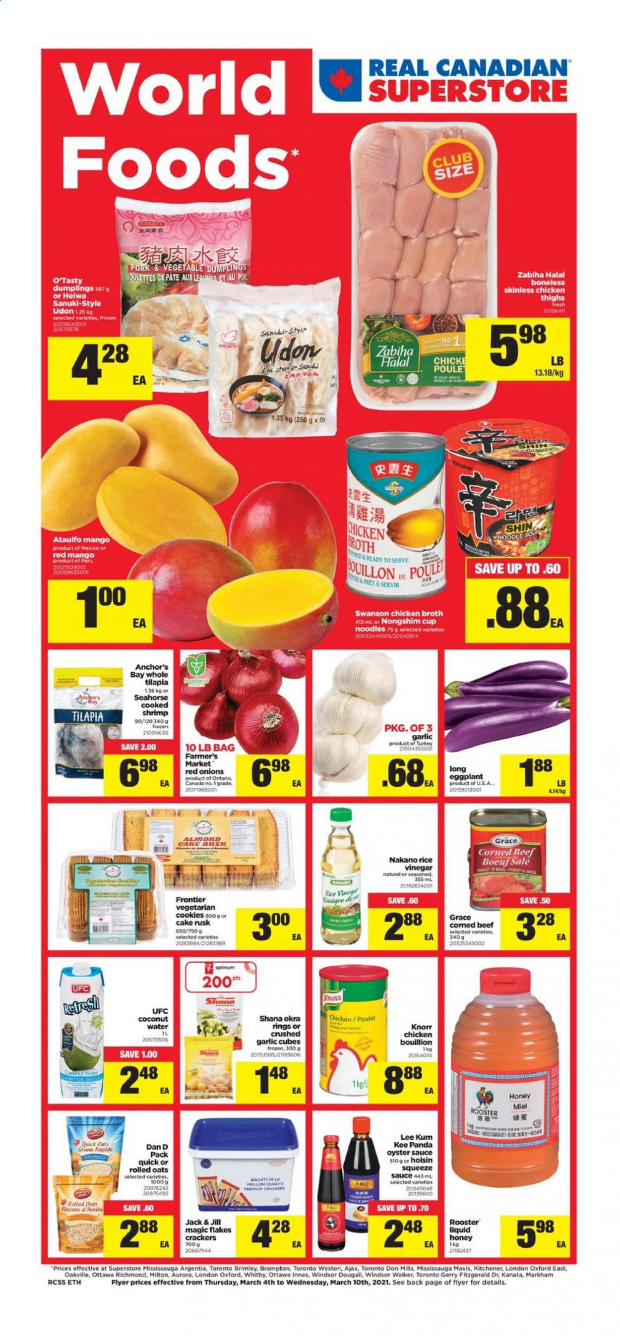 thumbnail - Real Canadian Superstore Flyer - March 04, 2021 - March 10, 2021 - Sales products - cake, rusks, garlic, red onions, okra, onion, eggplant, mango, tilapia, oysters, shrimps, sauce, dumplings, noodles cup, noodles, corned beef, Anchor, cookies, crackers, chicken broth, oats, broth, rolled oats, Quick Oats, hoisin sauce, oyster sauce, Lee Kum Kee, rice vinegar, vinegar, honey, coconut water, chicken thighs, chicken, beef meat, Ajax, Optimum, panda, Knorr. Page 1.