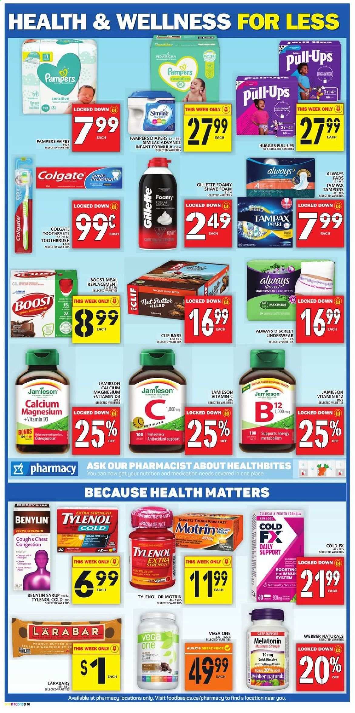 thumbnail - Circulaire Food Basics - 04 Mars 2021 - 10 Mars 2021 - Produits soldés - pain, beurre, Discreet, Always, Colgate, Gillette, Huggies, Tampax, Pampers. Page 11.