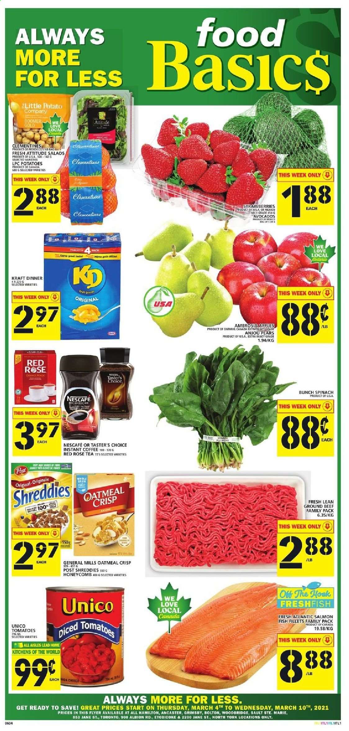 thumbnail - Food Basics Flyer - March 04, 2021 - March 10, 2021 - Sales products - spinach, tomatoes, potatoes, apples, avocado, clementines, strawberries, pears, fish fillets, salmon, fish, Kraft®, oatmeal, tea, instant coffee, Woodbridge, rosé wine, beef meat, ground beef, hook, Nescafé. Page 1.