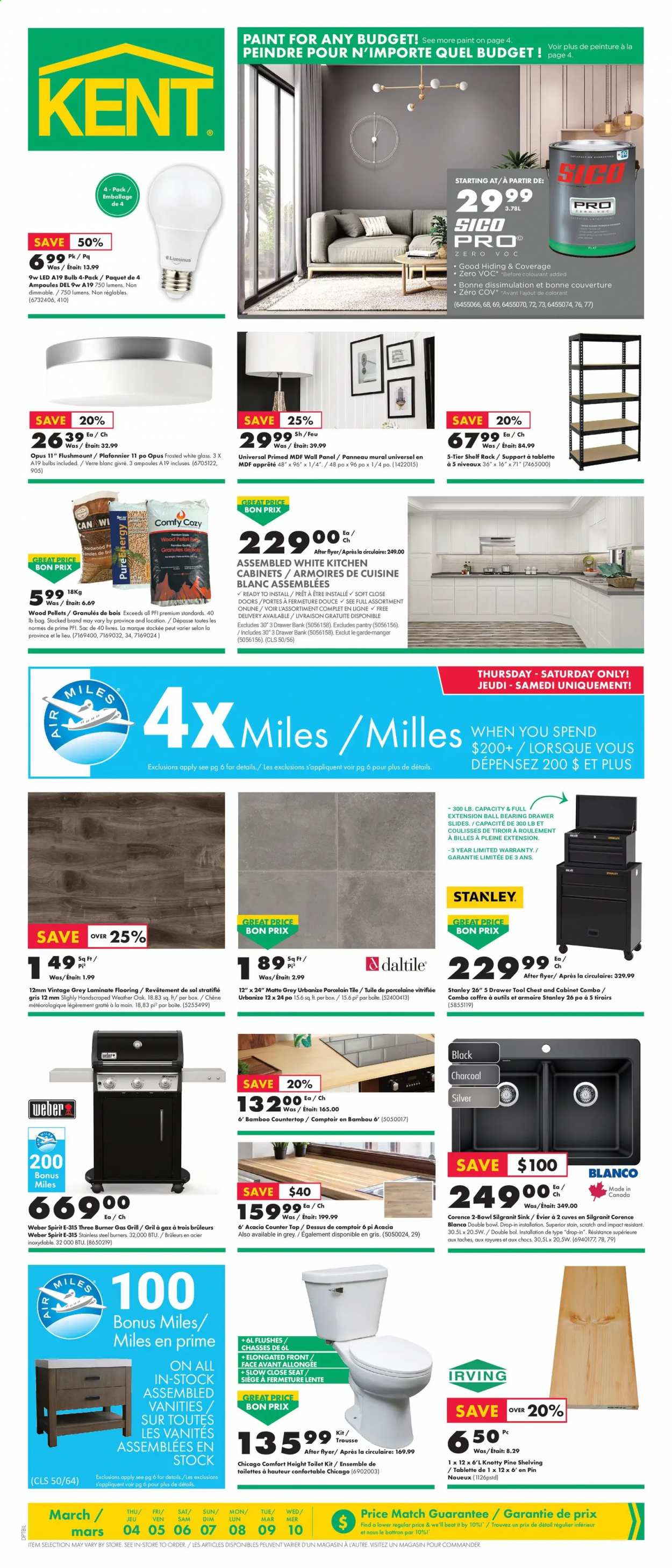 thumbnail - Kent Flyer - March 04, 2021 - March 10, 2021 - Sales products - Mars, pin, bulb, toilet, sink, paint, Stanley, flooring, laminate floor, porcelain tile, wall paneling, tool chest, cabinet, gas grill, grill, Weber, pellet gun, Sol. Page 1.