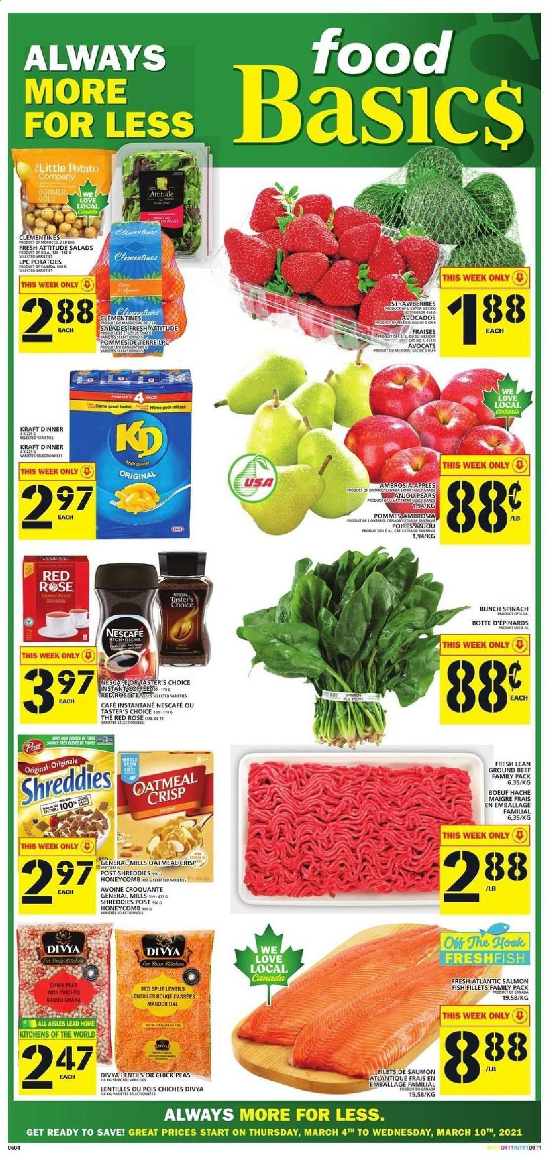 thumbnail - Food Basics Flyer - March 04, 2021 - March 10, 2021 - Sales products - spinach, potatoes, peas, apples, avocado, clementines, strawberries, pears, fish fillets, salmon, fish, Kraft®, oatmeal, lentils, red lentils, masoor dal, instant coffee, rosé wine, beef meat, ground beef, hook, Nescafé. Page 1.