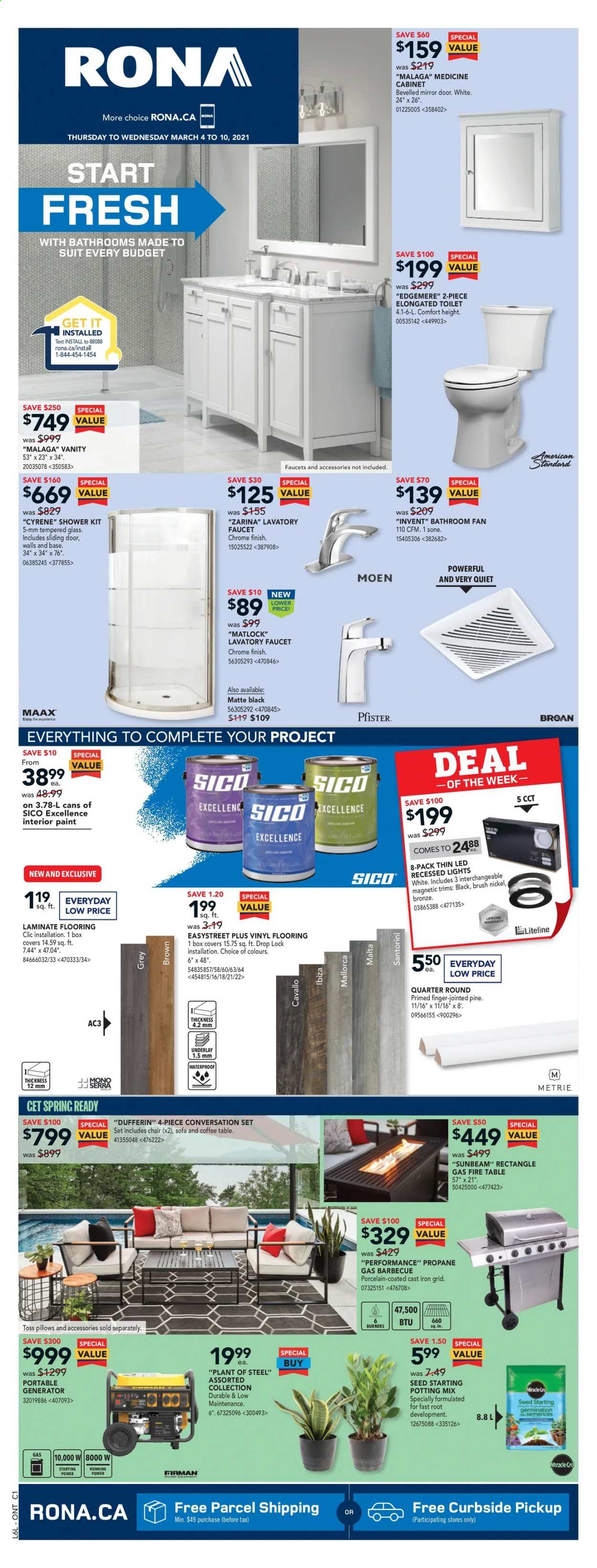 thumbnail - RONA Flyer - March 04, 2021 - March 10, 2021 - Sales products - Sunbeam, cabinet, table, chair, sofa, coffee table, vanity, mirror, toilet, faucet, paint, flooring, laminate floor, sliding door, generator, plant seeds, potting mix, pillow. Page 1.