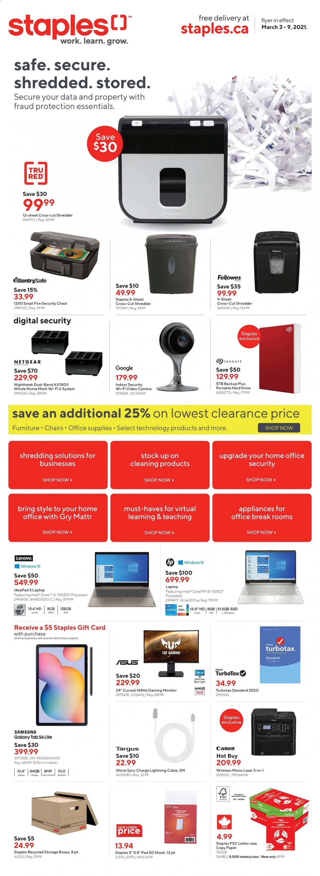 thumbnail - Staples Flyer - March 03, 2021 - March 09, 2021 - Sales products - Intel, Samsung Galaxy, Samsung Galaxy Tab, pen, paper, Seagate, hard disk, Netgear, portable hard drive, shredder, laptop, Lenovo, monitor, Samsung. Page 1.