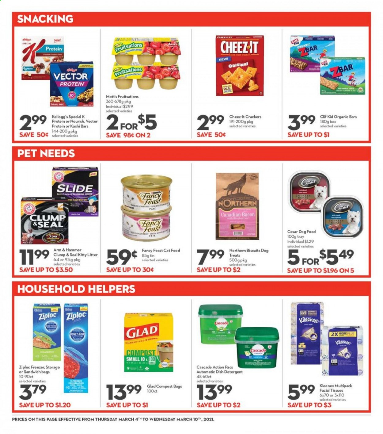 thumbnail - Longo's Flyer - March 04, 2021 - March 10, 2021 - Sales products - Mott's, bacon, canadian bacon, cheese, crackers, Kellogg's, biscuit, Cheez-It, Kleenex, tissues, Cascade, facial tissues, bag, Ziploc. Page 14.