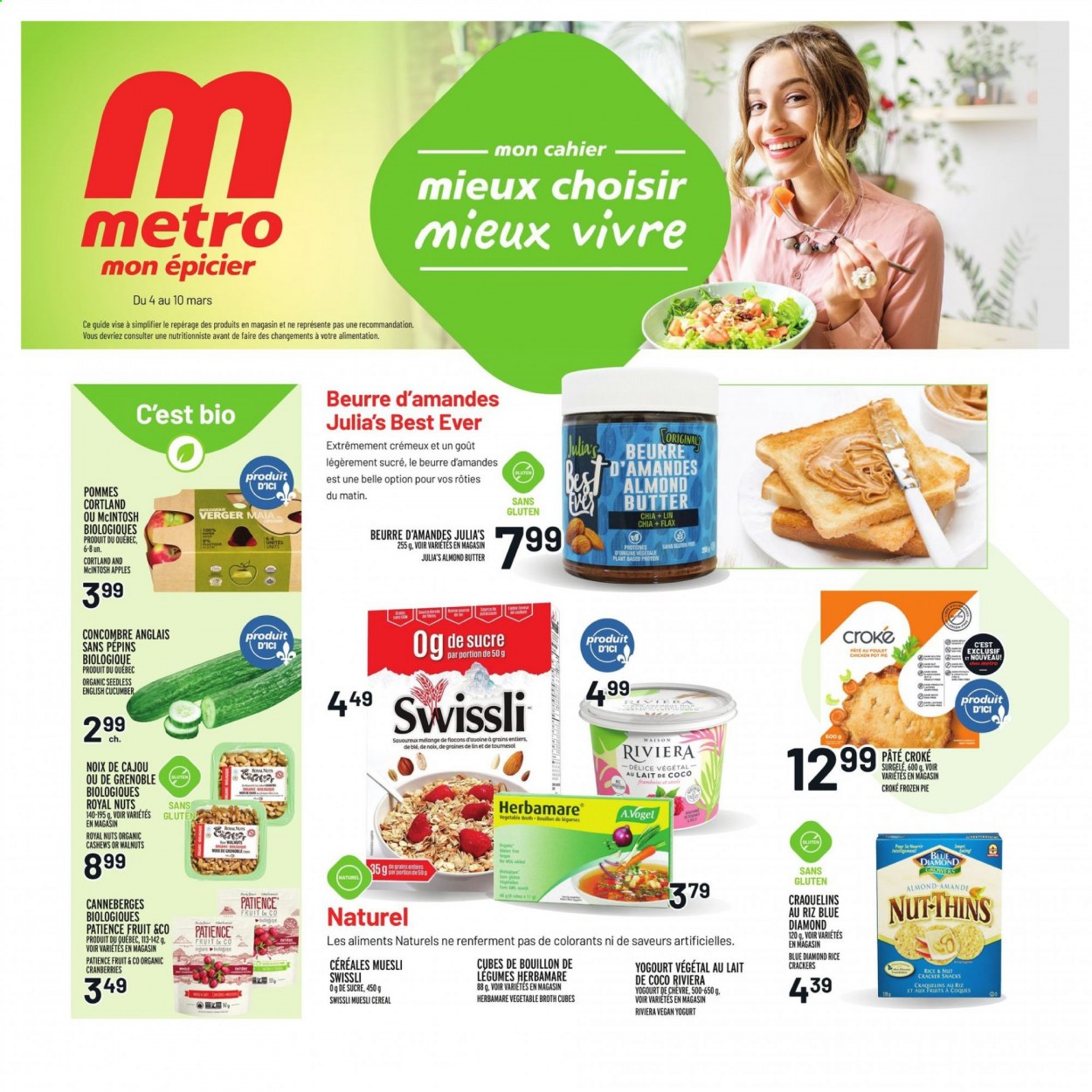 thumbnail - Circulaire Metro - 04 Mars 2021 - 10 Mars 2021 - Produits soldés - concombre, pommes, poulet, beurre, crackers, céréales, noix de cajou, cahier. Page 1.