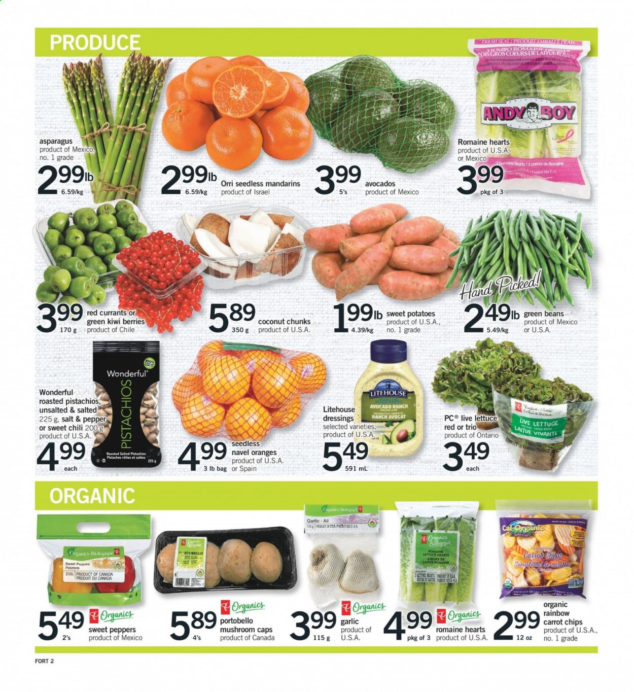 thumbnail - Fortinos Flyer - March 04, 2021 - March 10, 2021 - Sales products - portobello mushrooms, mushrooms, asparagus, beans, garlic, green beans, sweet peppers, sweet potato, potatoes, lettuce, peppers, avocado, mandarines, coconut, navel oranges, pistachios, cap, kiwi, chips. Page 2.