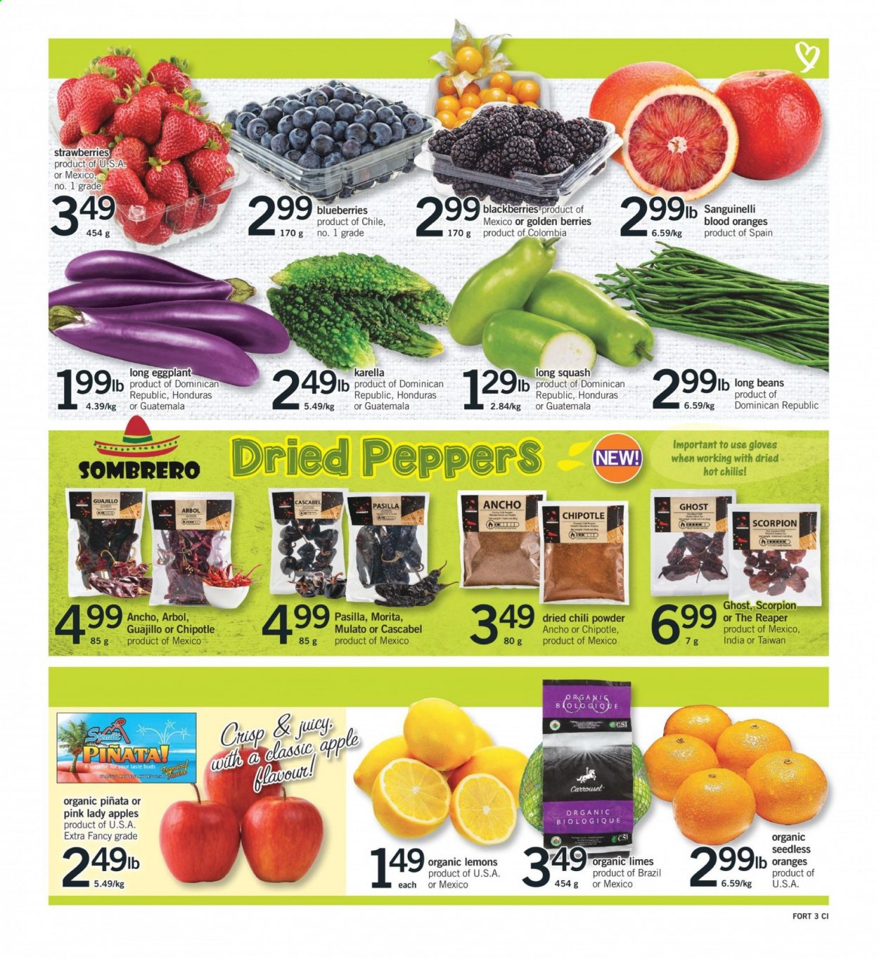 thumbnail - Fortinos Flyer - March 04, 2021 - March 10, 2021 - Sales products - beans, peppers, eggplant, pasilla, apples, blackberries, blueberries, limes, strawberries, lemons, Pink Lady, gloves. Page 3.
