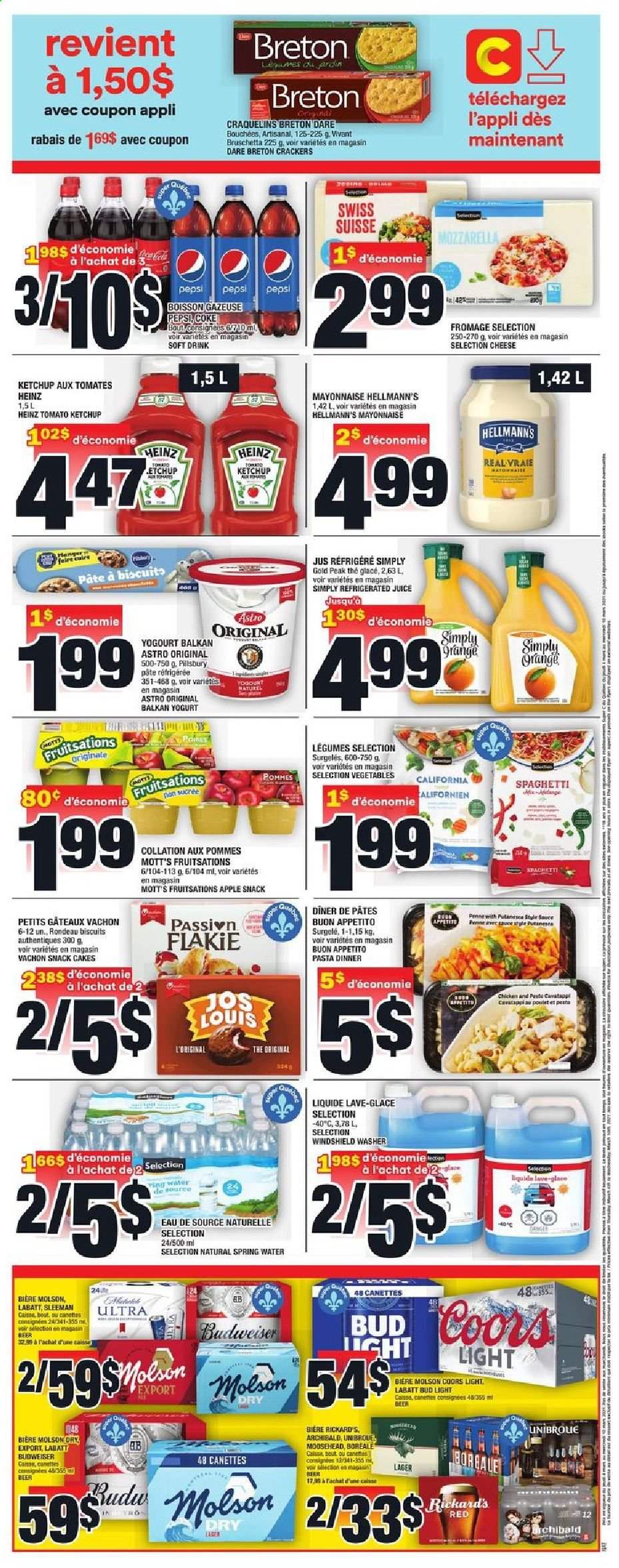 thumbnail - Super C Flyer - March 04, 2021 - March 10, 2021 - Sales products - cake, Mott's, spaghetti, pasta, sauce, Pillsbury, bruschetta, cheese, yoghurt, mayonnaise, Hellmann’s, Ola, snack, crackers, biscuit, Heinz, penne, Coca-Cola, Pepsi, juice, soft drink, spring water, beer, Budweiser, Coors, Bud Light, Lager, mozzarella. Page 2.