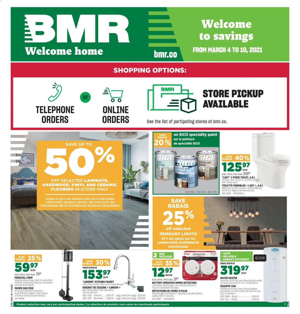 thumbnail - BMR Flyer - March 04, 2021 - March 10, 2021 - Sales products - tank, toilet, faucet, paint, switch, overload protector, flooring, pump. Page 1.
