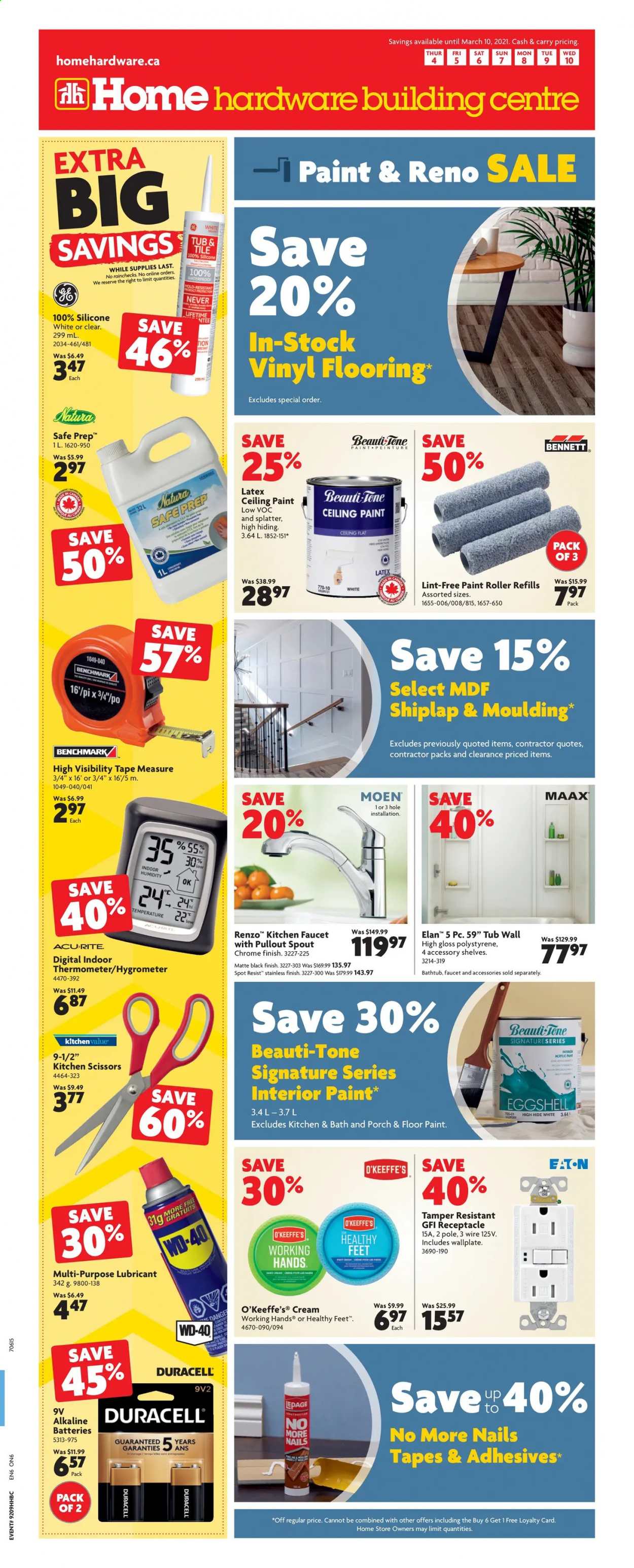 thumbnail - Home Hardware Building Centre Flyer - March 04, 2021 - March 10, 2021 - Sales products - roller, shelves, faucet, thermometer, flooring, shiplap, moulding, scissors, measuring tape, lubricant, WD-40. Page 1.