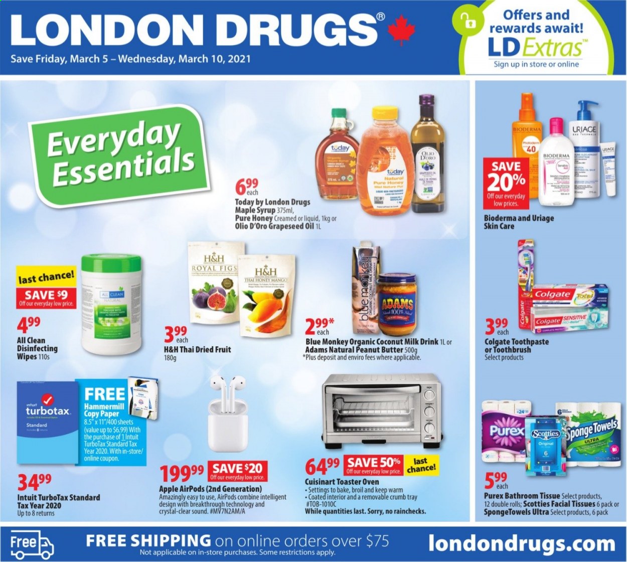 thumbnail - London Drugs Flyer - March 05, 2021 - March 10, 2021 - Sales products - coconut milk, oil, grape seed oil, maple syrup, honey, peanut butter, syrup, figs, dried fruit, wipes, bath tissue, Purex, toothbrush, toothpaste, facial tissues, Cuisinart, paper, towel, Airpods, monkey. Page 1.