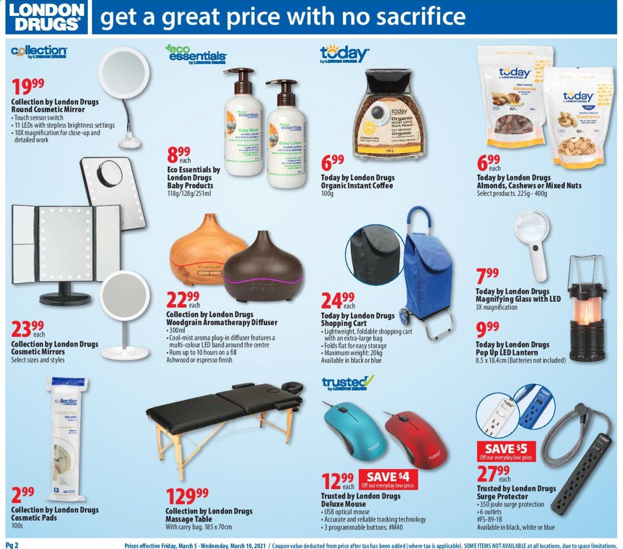 thumbnail - London Drugs Flyer - March 05, 2021 - March 10, 2021 - Sales products - honey, almonds, cashews, mixed nuts, switch, instant coffee, body lotion, diffuser, mouse, table, mirror, lantern, cart, massage table. Page 2.