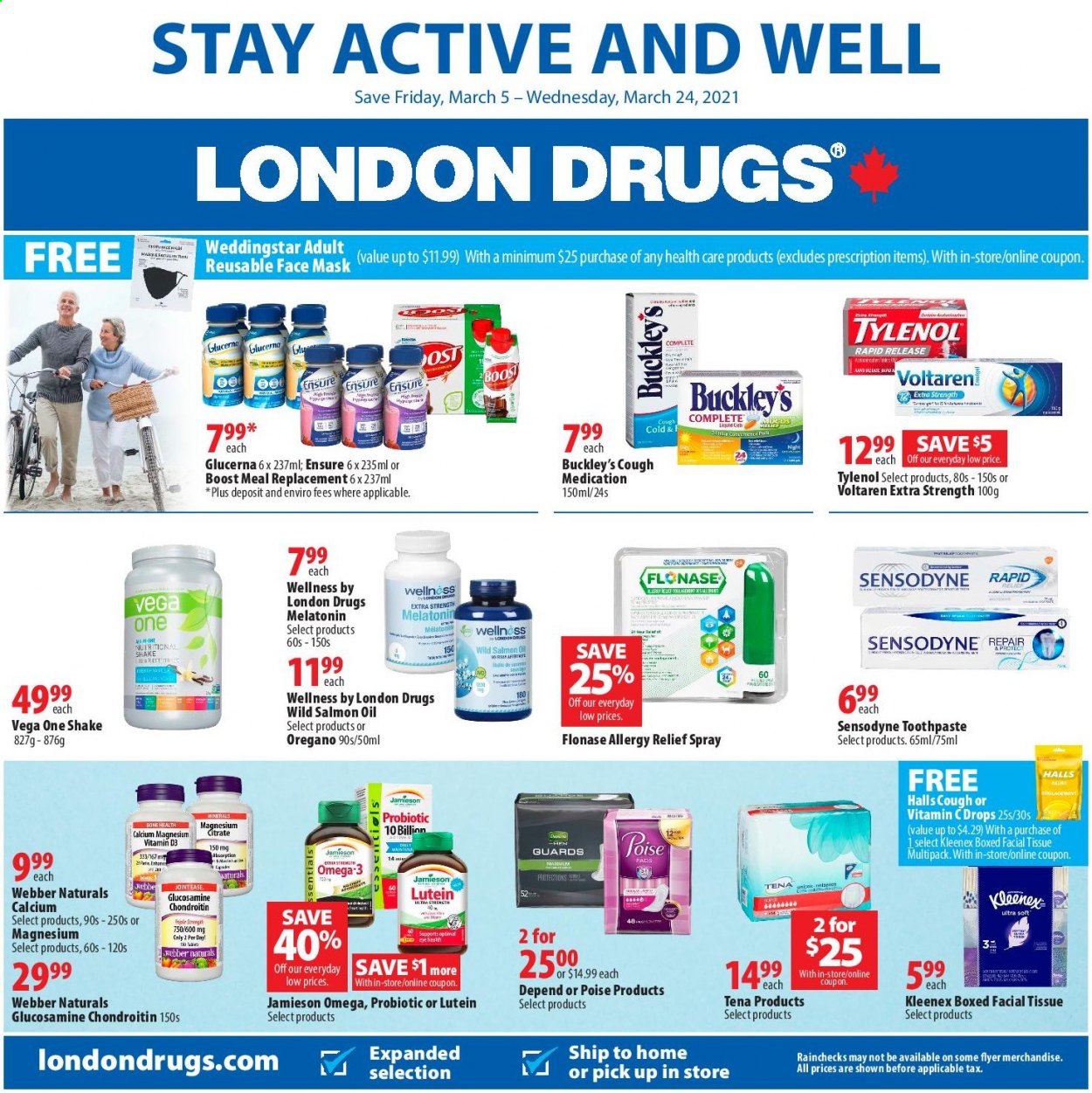 thumbnail - London Drugs Flyer - March 05, 2021 - March 24, 2021 - Sales products - Halls, Boost, Kleenex, tissues, toothpaste, face mask, glucosamine, magnesium, Melatonin, Tylenol, Omega-3, Glucerna, vitamin D3, allergy relief, Sensodyne. Page 1.