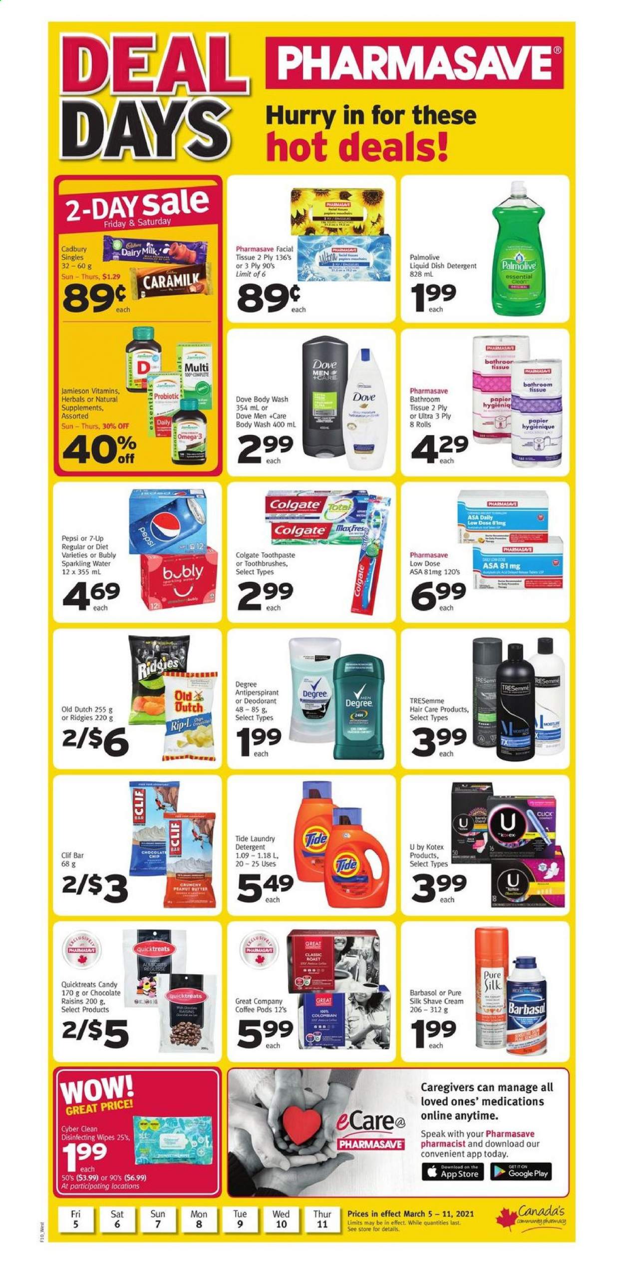 thumbnail - Pharmasave Flyer - March 05, 2021 - March 11, 2021 - Sales products - chocolate, Cadbury, Dairy Milk, peanut butter, dried fruit, Pepsi, 7UP, sparkling water, coffee pods, wipes, bath tissue, Tide, laundry detergent, body wash, Palmolive, toothpaste, Kotex, TRESemmé, anti-perspirant, Barbasol, shave cream, Omega-3, Low Dose, raisins, deodorant. Page 1.