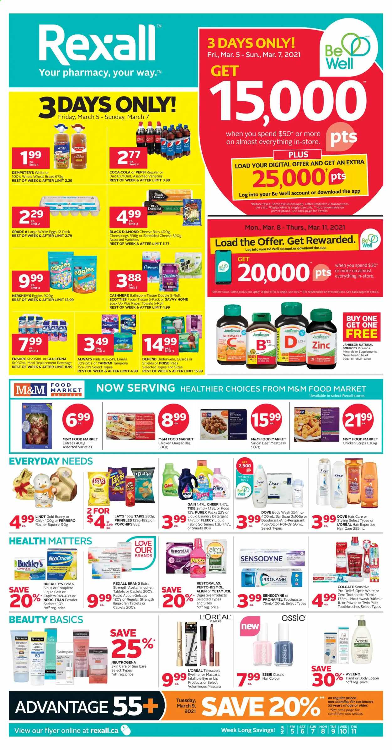 thumbnail - Rexall Flyer - March 05, 2021 - March 11, 2021 - Sales products - Hershey's, Pringles, Lay’s, Coca-Cola, Pepsi, Boost, Aveeno, bath tissue, kitchen towels, paper towels, Gain, Tide, laundry detergent, Purex, body wash, soap bar, soap, toothpaste, mouthwash, Always pads, tampons, L’Oréal, body lotion, anti-perspirant, roll-on, eyeliner, Ibuprofen, Pepto-bismol, Glucerna, zinc, Metamucil, mascara, Neutrogena, Tampax, Sensodyne, M&M's, deodorant. Page 1.