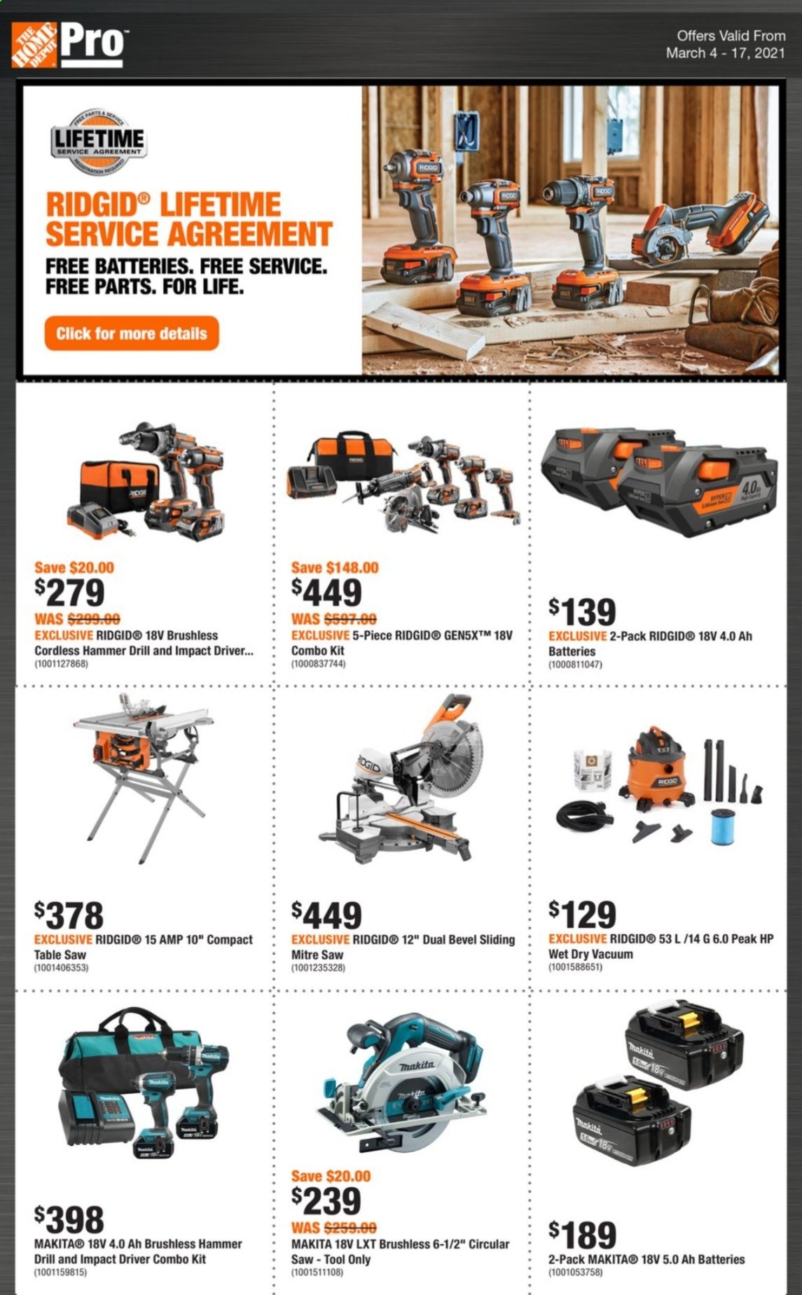 thumbnail - The Home Depot Flyer - March 04, 2021 - March 17, 2021 - Sales products - table, drill, impact driver, Ridgid, Makita, saw, combo kit. Page 1.