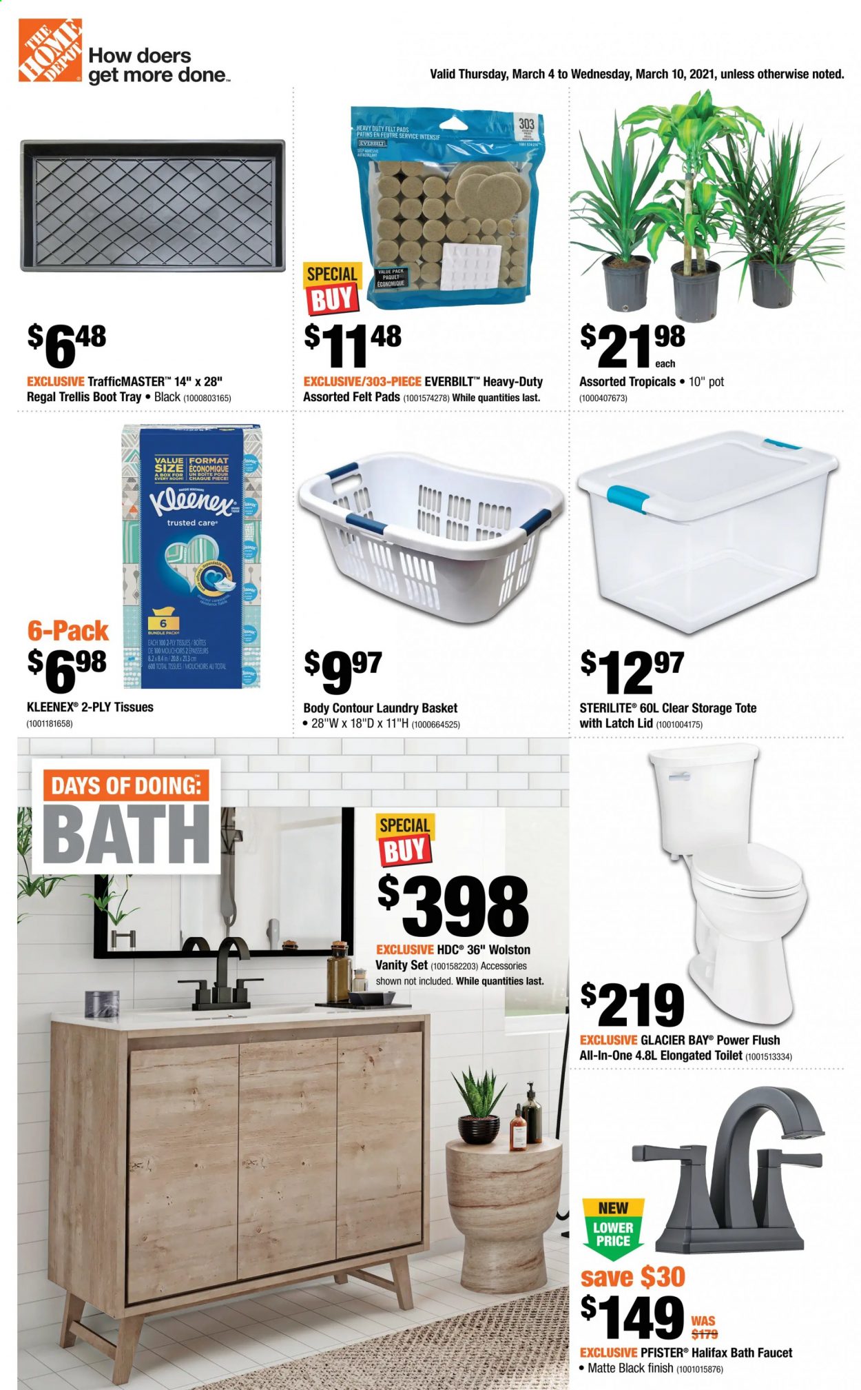 thumbnail - The Home Depot Flyer - March 04, 2021 - March 10, 2021 - Sales products - lid, tray, pot, vanity, toilet, bath faucet, faucet, storage tote. Page 1.