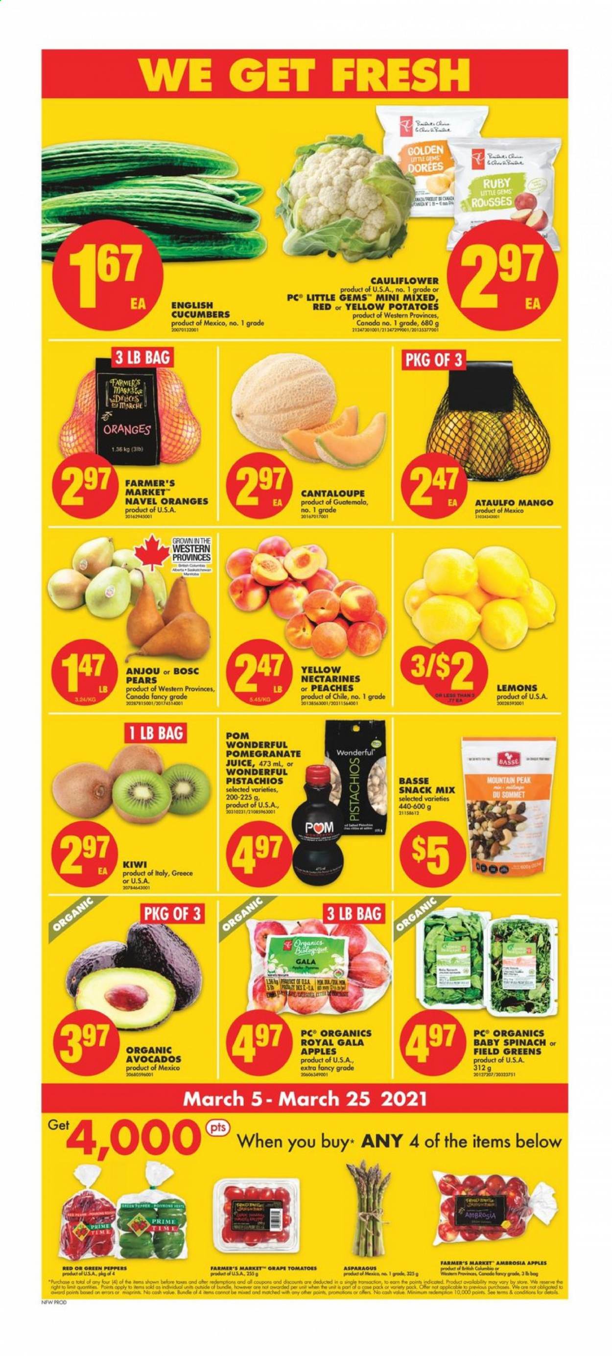 thumbnail - No Frills Flyer - March 05, 2021 - March 11, 2021 - Sales products - asparagus, cantaloupe, cauliflower, cucumber, tomatoes, potatoes, peppers, apples, avocado, Gala, nectarines, pears, pomegranate, lemons, peaches, navel oranges, snack, pistachios, juice, kiwi. Page 3.