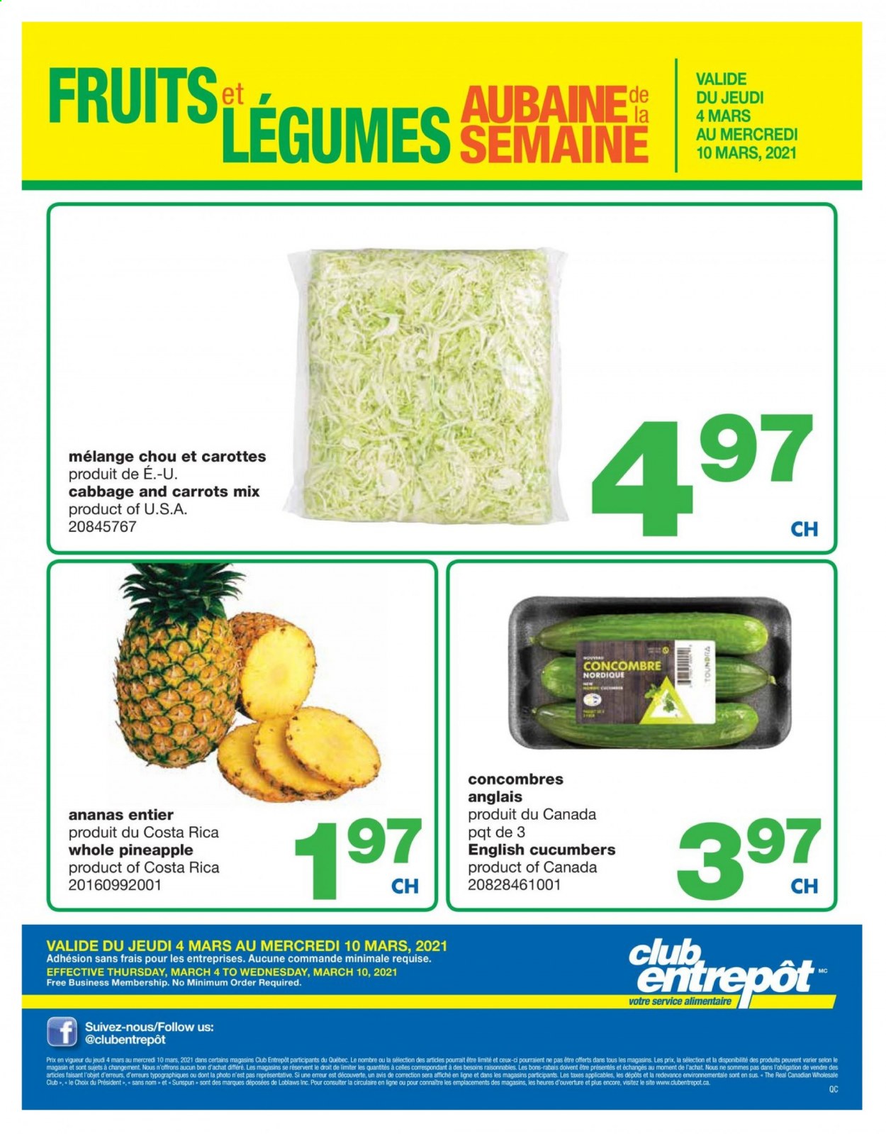 thumbnail - Wholesale Club Flyer - March 04, 2021 - March 10, 2021 - Sales products - carrots, cucumber, pineapple, Président, Mars. Page 1.