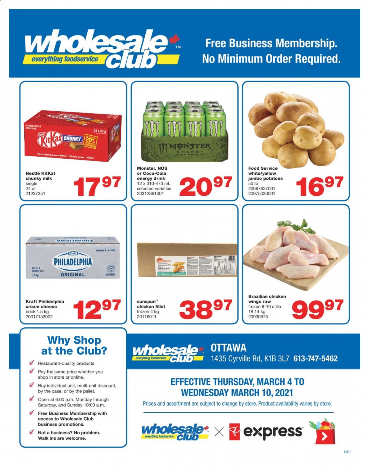thumbnail - Wholesale Club Flyer - March 04, 2021 - March 10, 2021 - Sales products - potatoes, Kraft®, cream cheese, cheese, milk, KitKat, Coca-Cola, energy drink, Monster, Nestlé. Page 1.