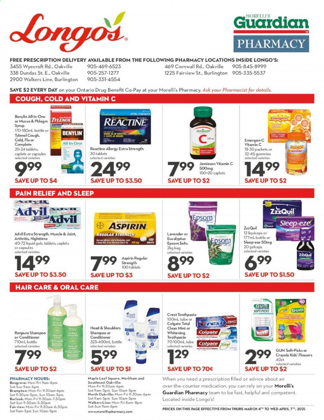 thumbnail - Longo's Flyer - March 04, 2021 - April 07, 2021 - Sales products - syrup, toothpaste, Crest, conditioner, bag, pain relief, Tylenol, vitamin c, ZzzQuil, Advil Rapid, Emergen-C, aspirin, Benylin, shampoo, Head & Shoulders. Page 1.