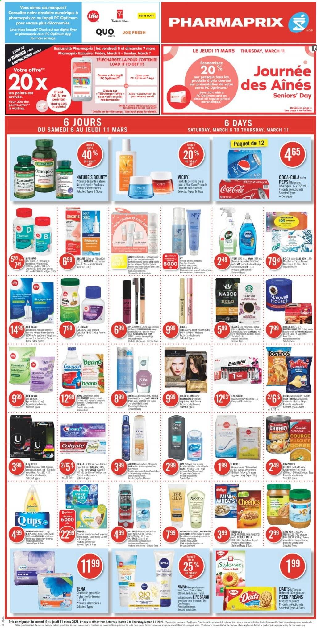 thumbnail - Circulaire Pharmaprix - 06 Mars 2021 - 11 Mars 2021 - Produits soldés - courge, biscuits, cookies, chips, tortilla chips, curcuma, Coca-Cola, Pepsi, Starbucks, couches, déodorant, cassonade, dentifrice, mouchoirs, Kellogg's, sel, lingettes, Colgate, Dove, Energizer, Tena, Vichy, sucre, Maybelline, Nescafé, Neutrogena, Nivea, Old Spice, Oral-b, Pampers, Sally Hansen, mascara, vernis à ongles. Page 1.
