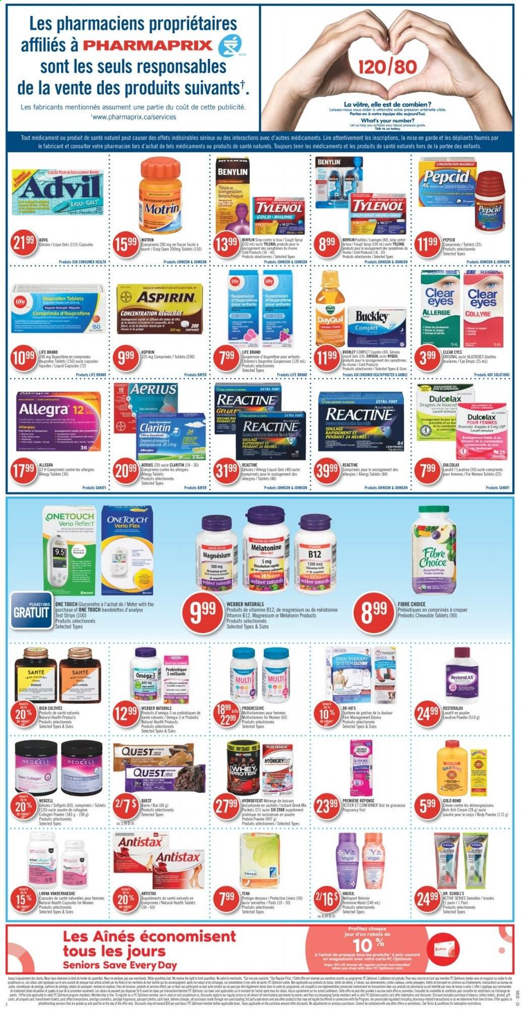 thumbnail - Pharmaprix Flyer - March 06, 2021 - March 11, 2021 - Sales products - tart, syrup, Johnson's, pendant, DayQuil, Dulcolax, magnesium, Melatonin, multivitamin, Tylenol, Ibuprofen, Pepcid, Omega-3, eye drops, Advil Rapid, vitamin B12, whey protein, aspirin, Bayer, Benylin, Motrin, Dr. Scholl's. Page 2.