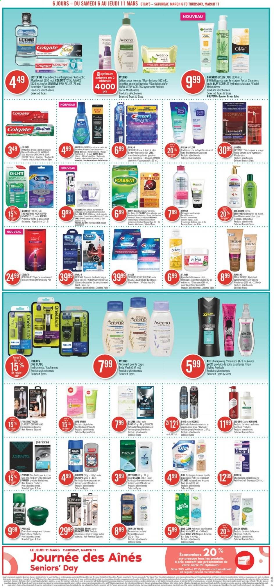 thumbnail - Pharmaprix Flyer - March 06, 2021 - March 11, 2021 - Sales products - Mars, spice, wipes, Aveeno, body wash, soap bar, Dial, soap, toothbrush, toothpaste, mouthwash, Polident, Crest, L’Oréal, moisturizer, Olay, Clean & Clear, Klorane, body lotion, hand cream, Jergens, anti-perspirant, Eclat, hair removal, pen, iPhone, BOSE, Garnier, Gillette, Listerine, shampoo, Old Spice, Oral-B, deodorant. Page 4.