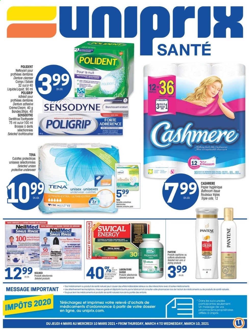 thumbnail - Uniprix Santé Flyer - March 04, 2021 - March 10, 2021 - Sales products - Mars, bath tissue, toothpaste, Polident, cleanser, zinc, Pantene, Sensodyne. Page 1.