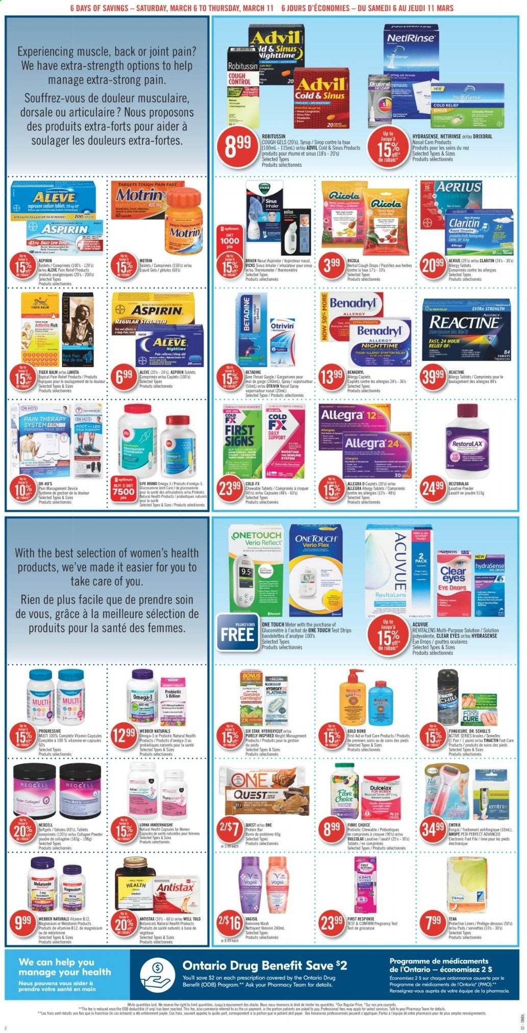 thumbnail - Shoppers Drug Mart Flyer - March 06, 2021 - March 11, 2021 - Sales products - Ricola, Mars, pastilles, protein bar, syrup, Vicks, pain relief, Aleve, Dulcolax, glucosamine, magnesium, Melatonin, eye drops, Betadine, Advil Rapid, laxative, cough drops, aspirin, nasal spray, Motrin, thermometer, Dr. Scholl's, Robitussin. Page 2.