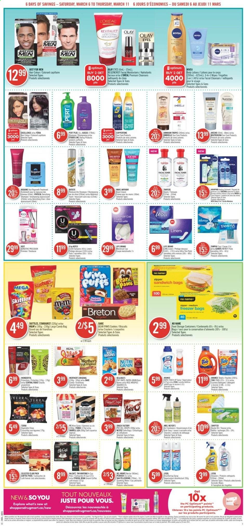 thumbnail - Shoppers Drug Mart Flyer - March 06, 2021 - March 11, 2021 - Sales products - cookies, snack, Mars, crackers, Kellogg's, biscuit, Skittles, Starburst, vegetable chips, pretzel crisps, Rice Krispies, Nutri-Grain, pistachios, Perrier, sparkling water, San Pellegrino, coffee pods, Folgers, coffee capsules, McCafe, K-Cups, Keurig, wipes, Aquaphor, Aveeno, ointment, Lysol, Swiffer, Tide, laundry detergent, Bounce, soap, Kotex, tampons, Always Infinity, L’Oréal, moisturizer, Olay, Aussie, hair color, shea butter, hand cream, Veet, Nestlé, Eucerin, Neutrogena, shampoo, Tampax, Nivea, chips, M&M's. Page 3.