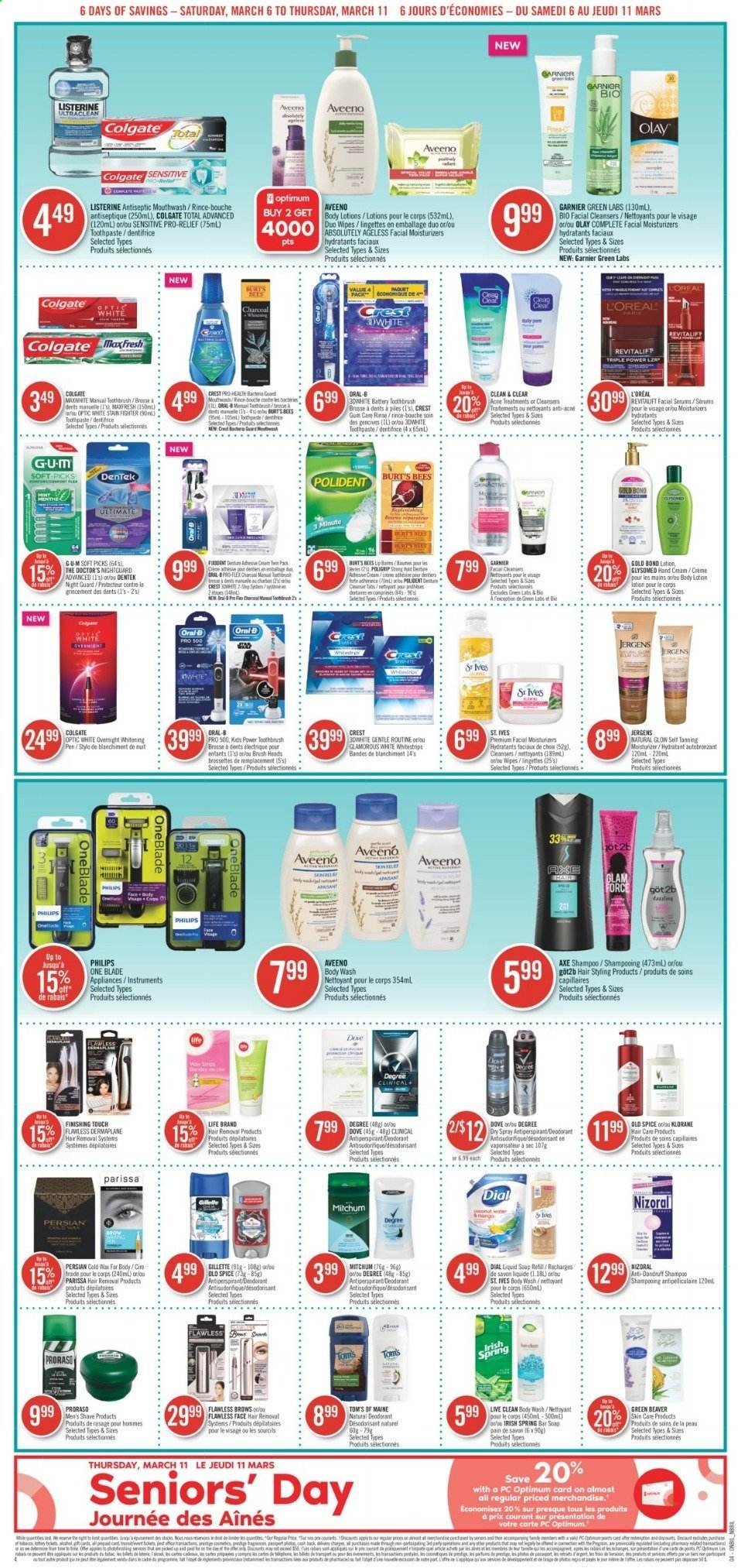 thumbnail - Shoppers Drug Mart Flyer - March 06, 2021 - March 11, 2021 - Sales products - Mars, spice, wipes, Aveeno, body wash, Dial, soap, toothbrush, toothpaste, mouthwash, Polident, Crest, L’Oréal, moisturizer, Olay, Clean & Clear, Klorane, body lotion, hand cream, Jergens, anti-perspirant, hair removal, Garnier, Listerine, shampoo, Old Spice, Oral-B, deodorant. Page 4.